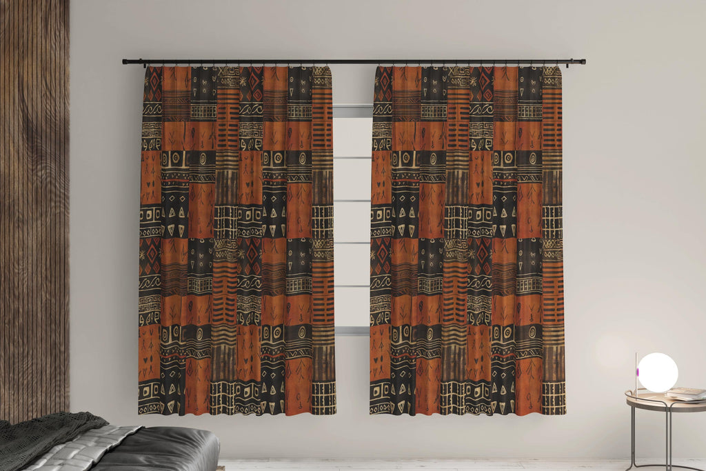 Ethnic Window Curtain Panels, African Mudcloth Curtain Panels, African Tribal Curtains, African Drapes, African Terracotta Printed Curtains