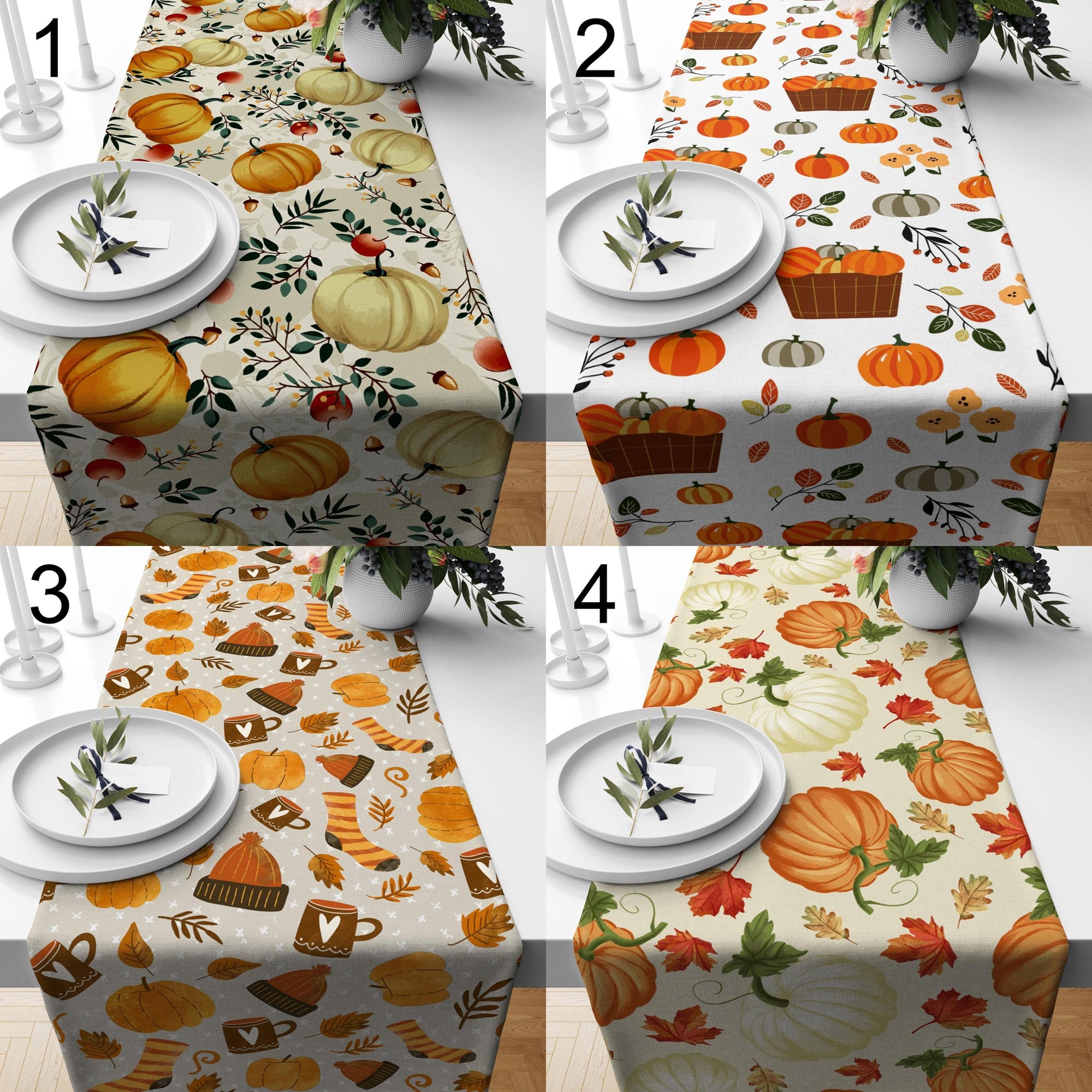 Fall Table Runner, Pumpkin Autumn Leaves Table Decor, Thanksgiving Dining Room Accent Table Runners, Pumpkin Pattern Runners