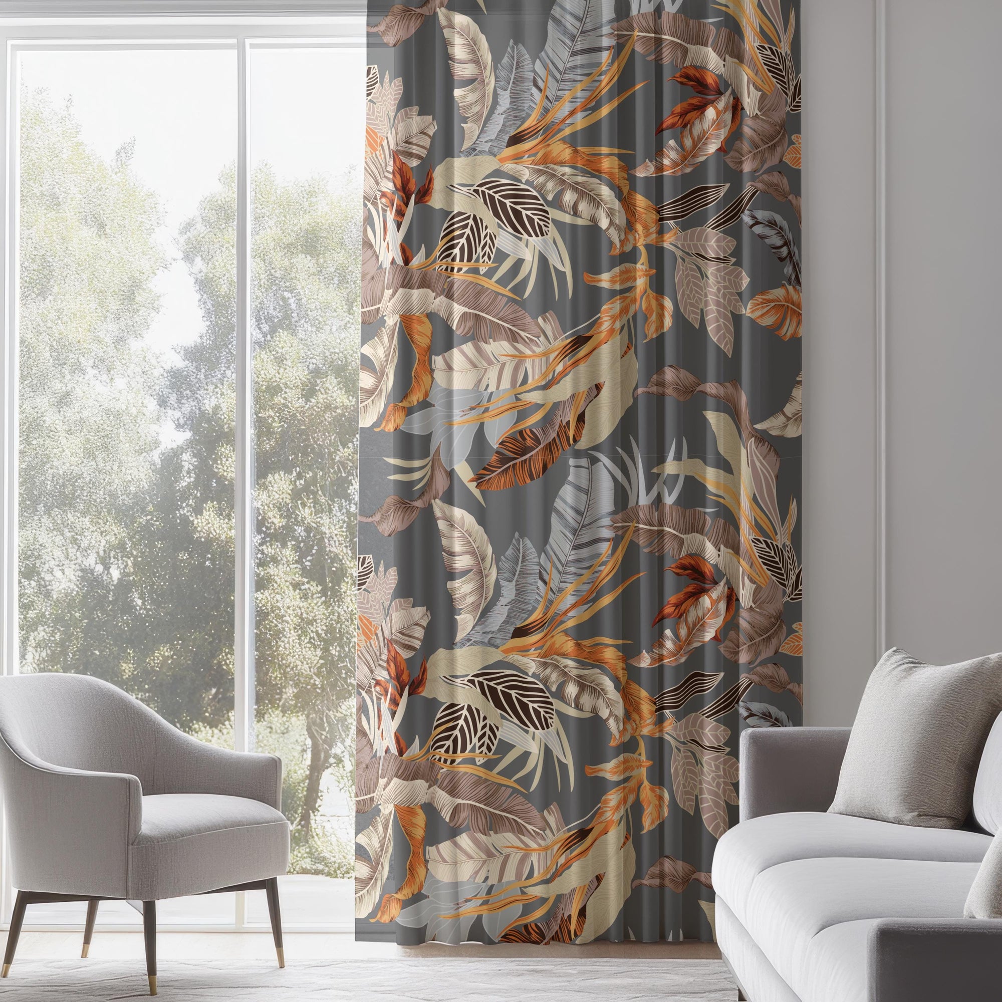 Tropical Leaf Curtains, Botanical Window Curtain Panels, Grey Tropical Curtain Panels, Tropical Drapes, Botanical Leaves Curtains