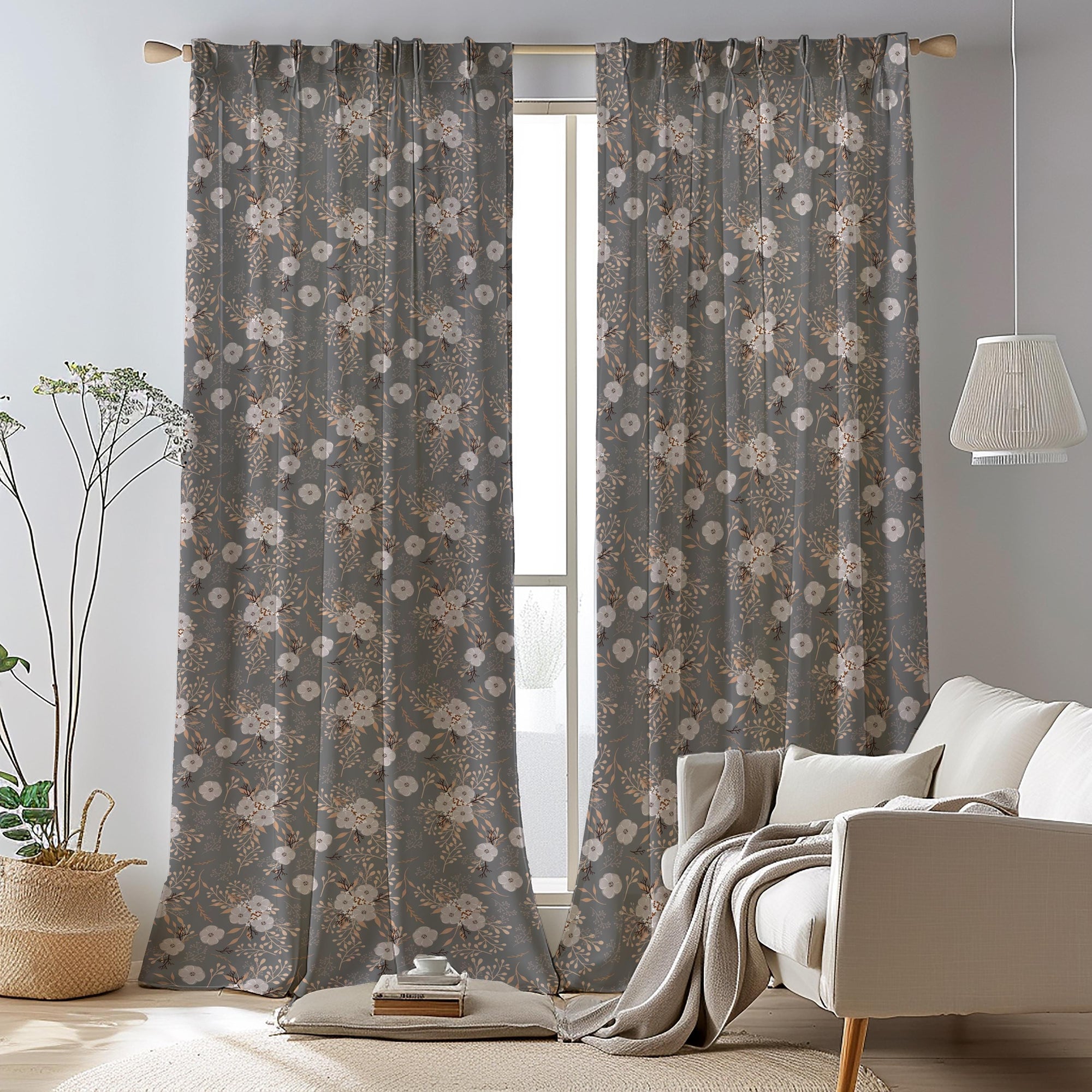 Vintage Gray Floral Curtains, Taupe Gray Botanical Window Drapes, Vintage Neutral Panels, Grey Floral Grommet Curtains