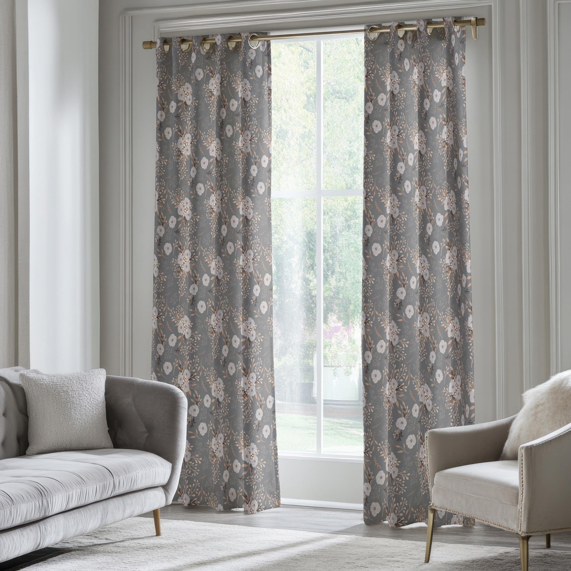 Vintage Gray Floral Curtains, Taupe Gray Botanical Window Drapes, Vintage Neutral Panels, Grey Floral Grommet Curtains