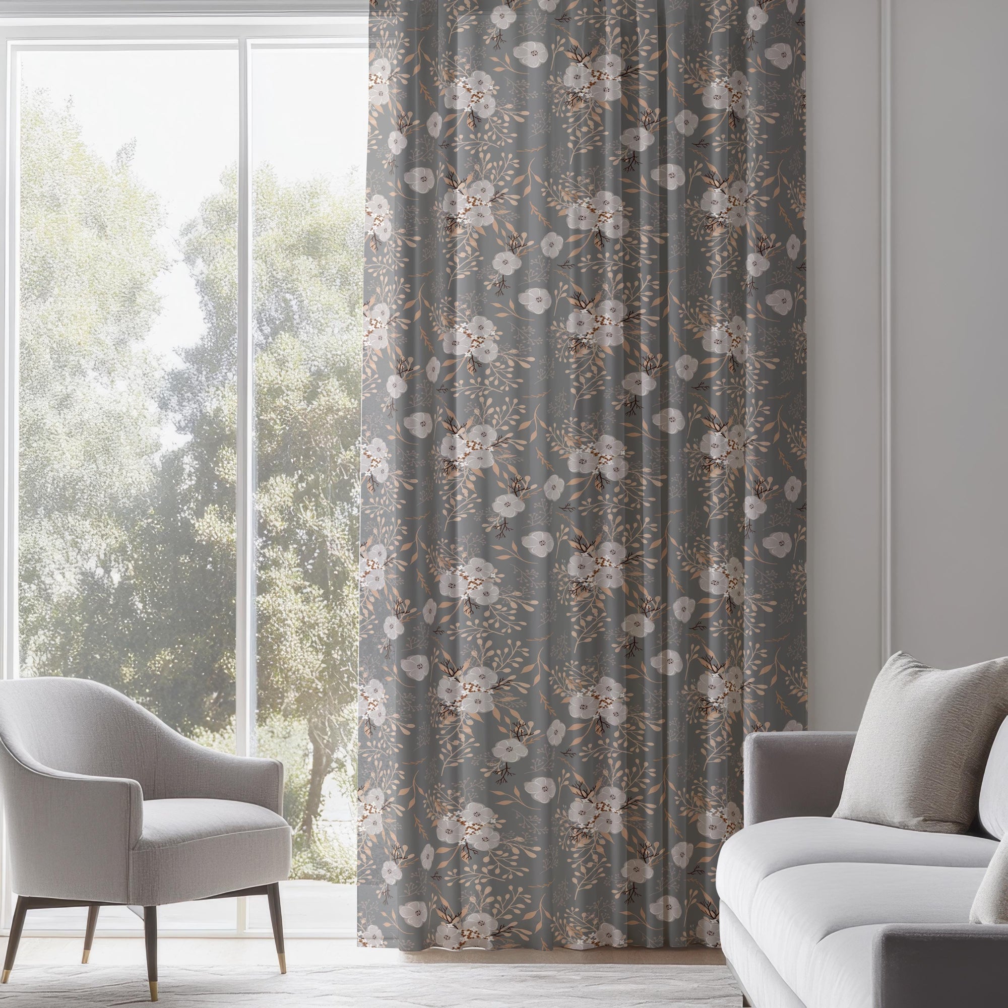 Vintage Gray Floral Curtains, Taupe Gray Botanical Window Drapes, Vintage Neutral Panels, Grey Floral Grommet Curtains