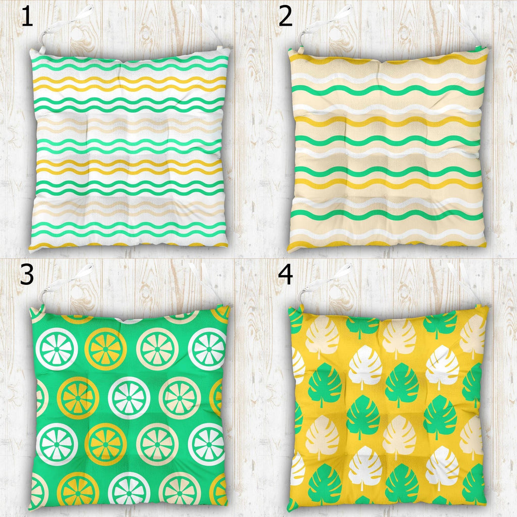 Vibrant Colors Outdoor Print Chair Cushion, Tropical Chair Pads, Green Yellow Summer Chair Pads with Ties, Summer Patio Chair Pads