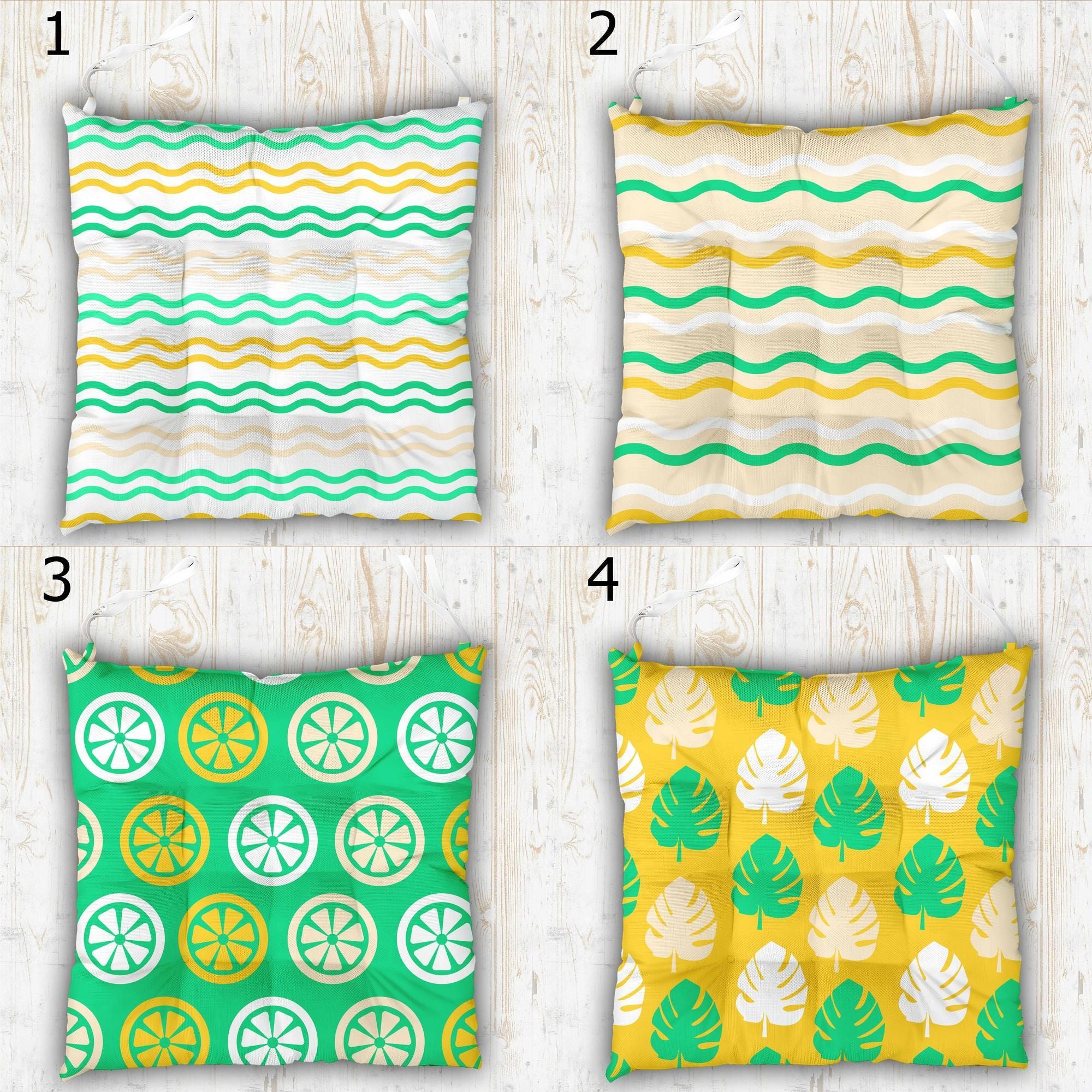 Vibrant Colors Outdoor Print Chair Cushion, Tropical Chair Pads, Green Yellow Summer Chair Pads with Ties, Summer Patio Chair Pads