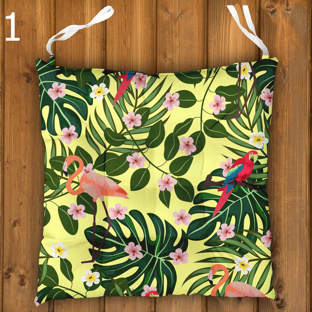 Tropical Chair Cushions, Parrot Seat Pads, Outdoor Patio Cushions, Leaf Print Chair Pads, Tropical Animals Seat Cushions