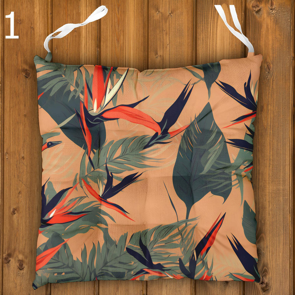 Tropical Chair Cushions, Hawaiian Chair Cushions, Botanical Linen Seat Pads, Outdoor Patio Cushions, Exotic Floral Tie-On Chair Pads
