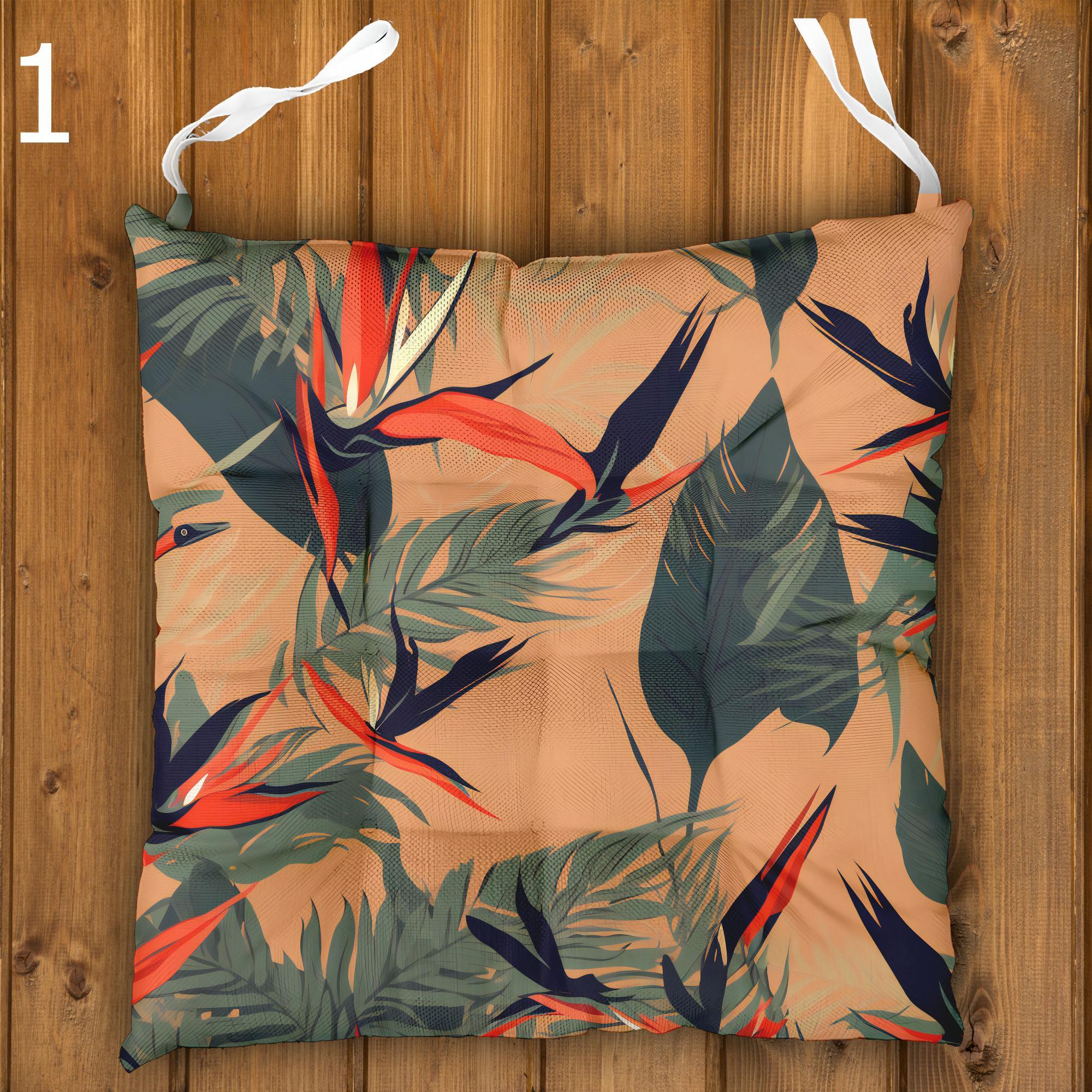 Tropical Chair Cushions, Hawaiian Chair Cushions, Botanical Linen Seat Pads, Outdoor Patio Cushions, Exotic Floral Tie-On Chair Pads