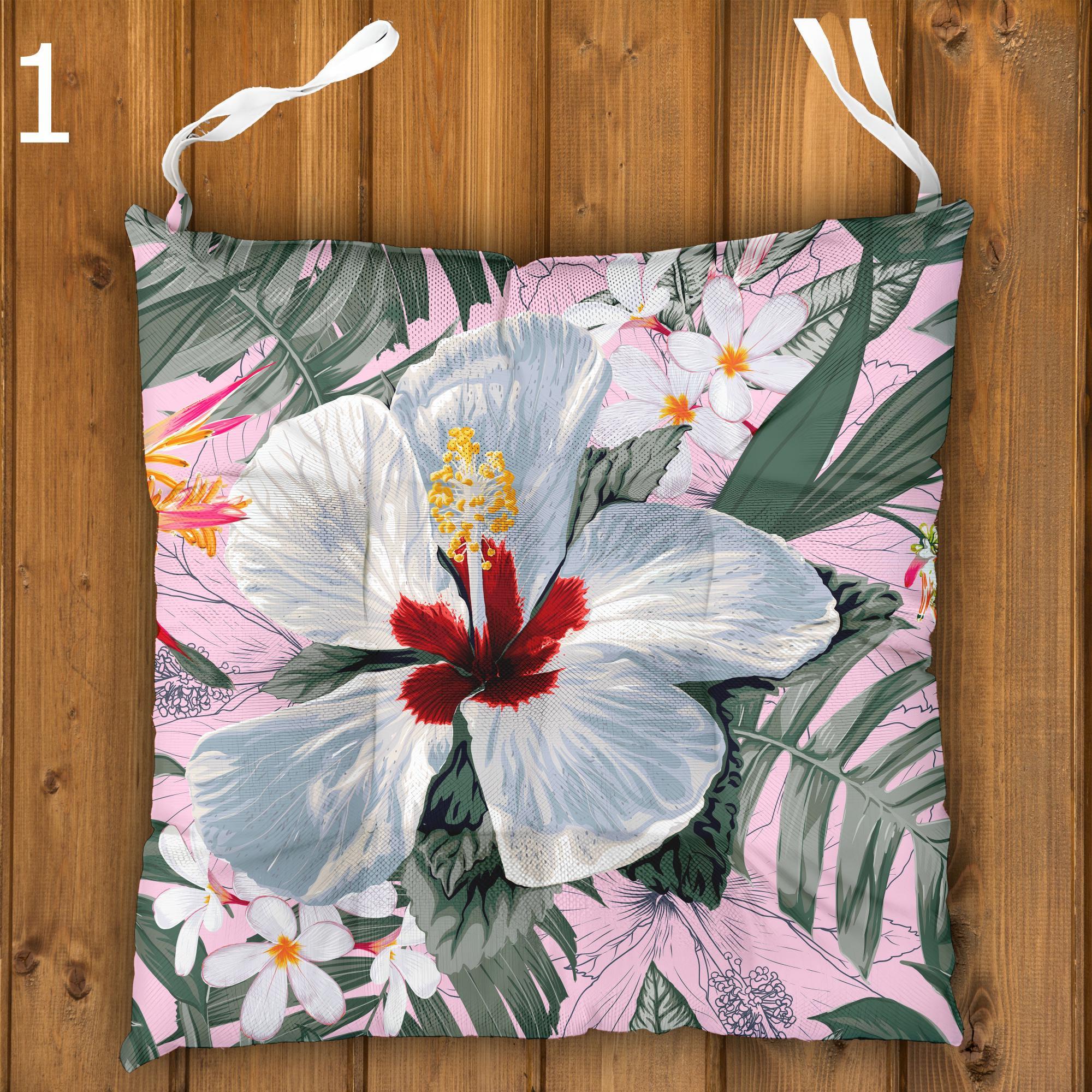 Tropical Chair Cushions, Hawaiian Chair Cushions, Botanical Seat Pads, Outdoor Patio Cushions, Exotic Floral Tie-On Chair Pads
