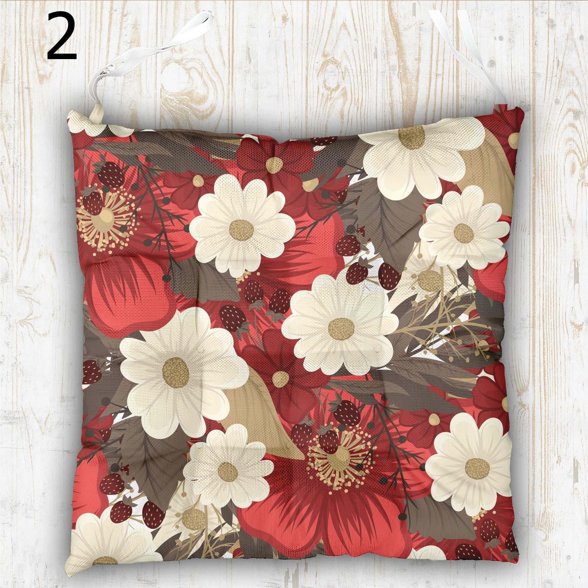Floral Outdoor Print Chair Cushion, Flowers Waterproof Chair Pads, Colorful Floral Chair Pads with Ties, Summer Flowers Patio Chair Pads