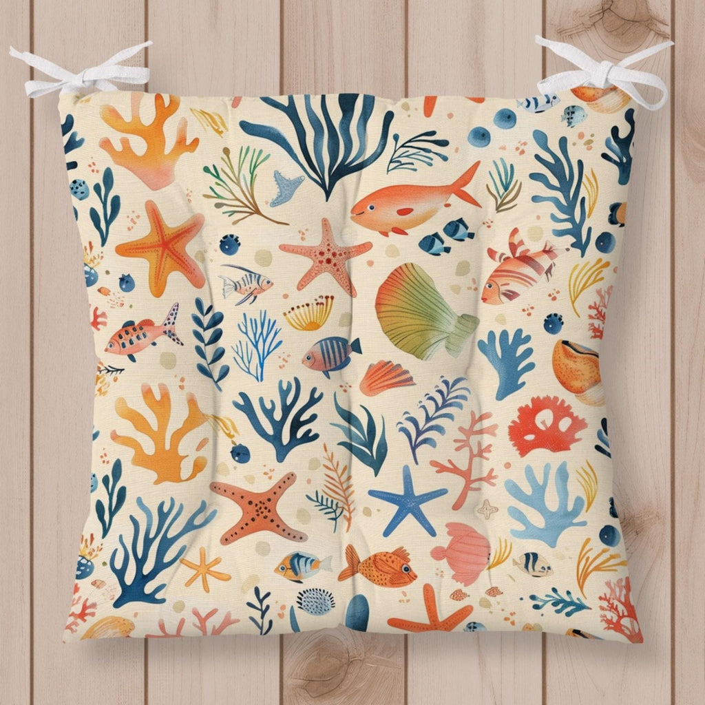 Coastal Chair Cushions with Ties, Beach Themed Starfish & Shell Seat Pads for Summer Decor