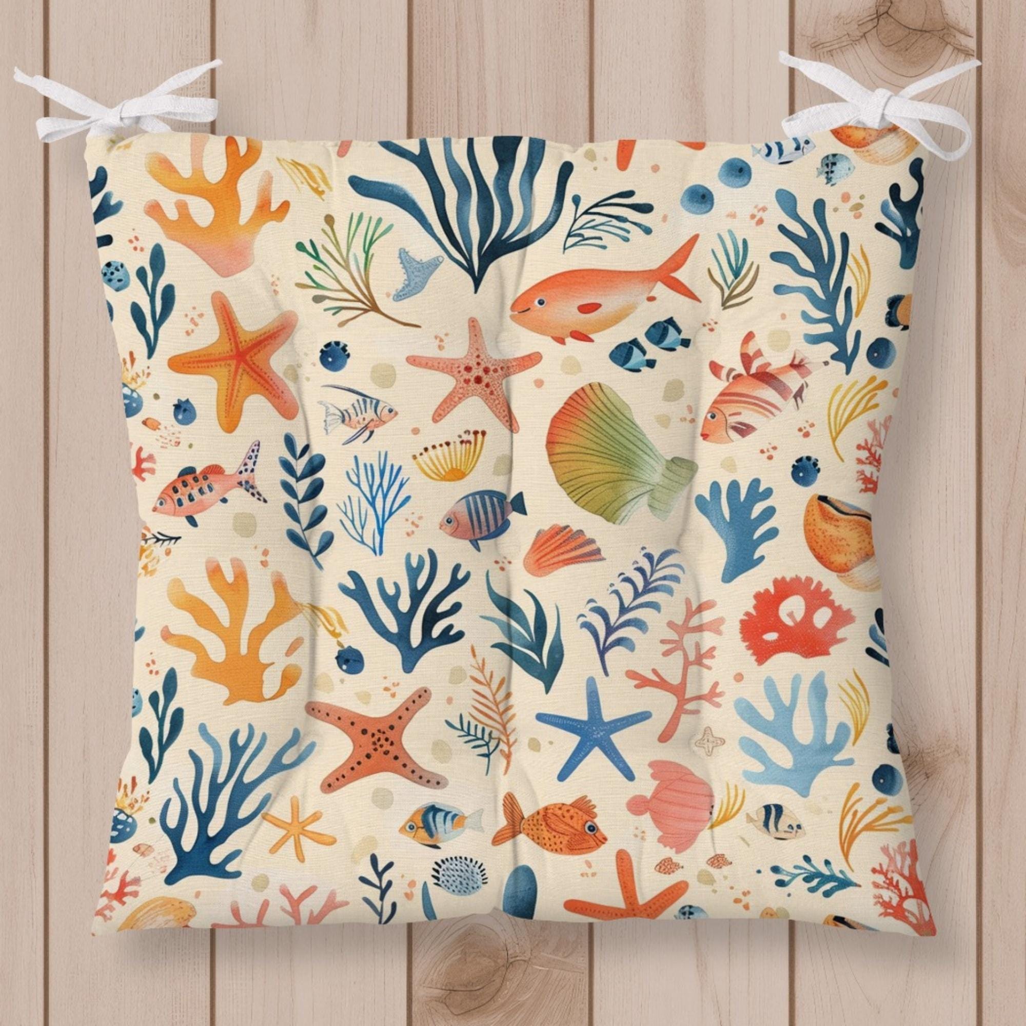 Coastal Chair Cushions with Ties, Beach Themed Starfish & Shell Seat Pads for Summer Decor