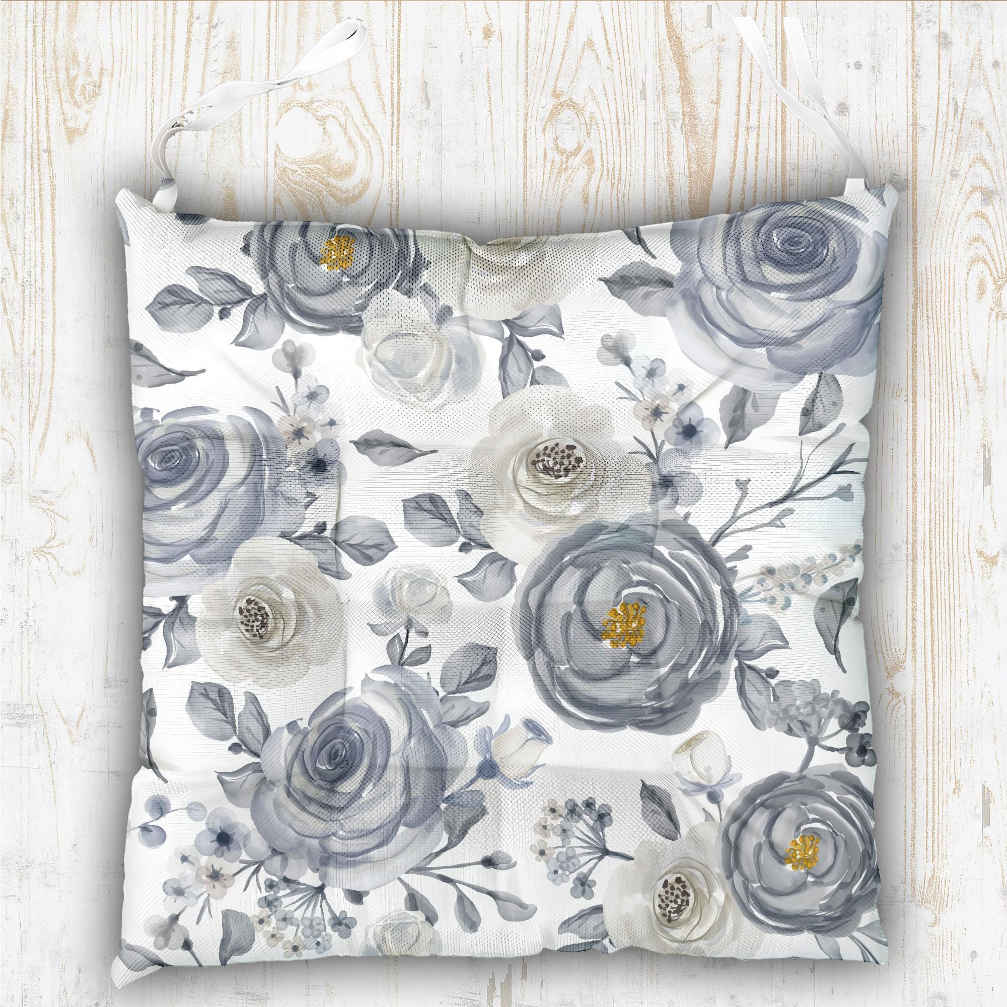 Floral Chair Pads  With Ties, Grey Floral Seat Cushions, Botanical Spring Chair Pillows, Cottagecore Bloom Tie-On Black Grey Chair Cushions