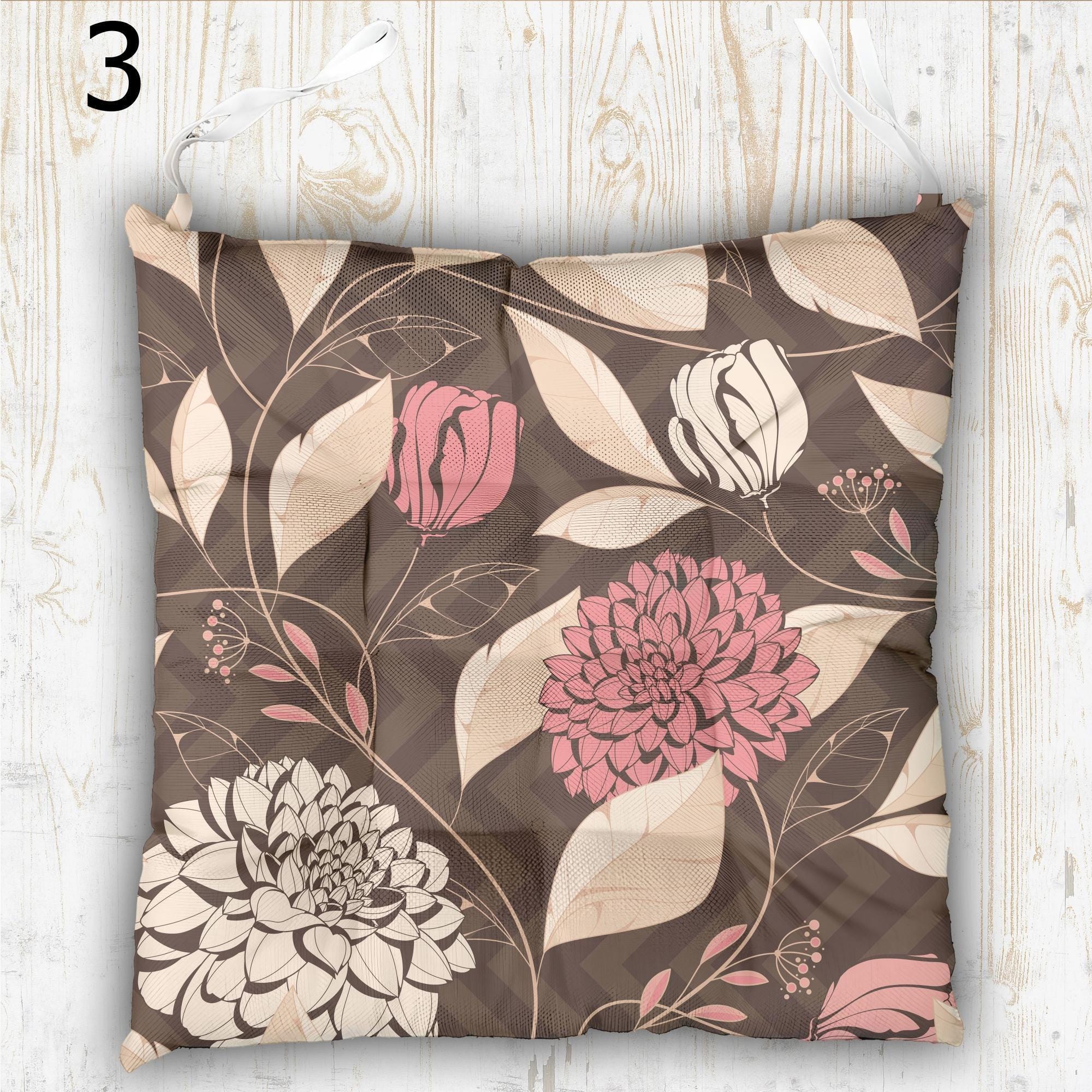 Floral Outdoor Print Chair Cushion, Flowers Waterproof Chair Pads, Colorful Floral Chair Pads with Ties, Summer Flowers Patio Chair Pads