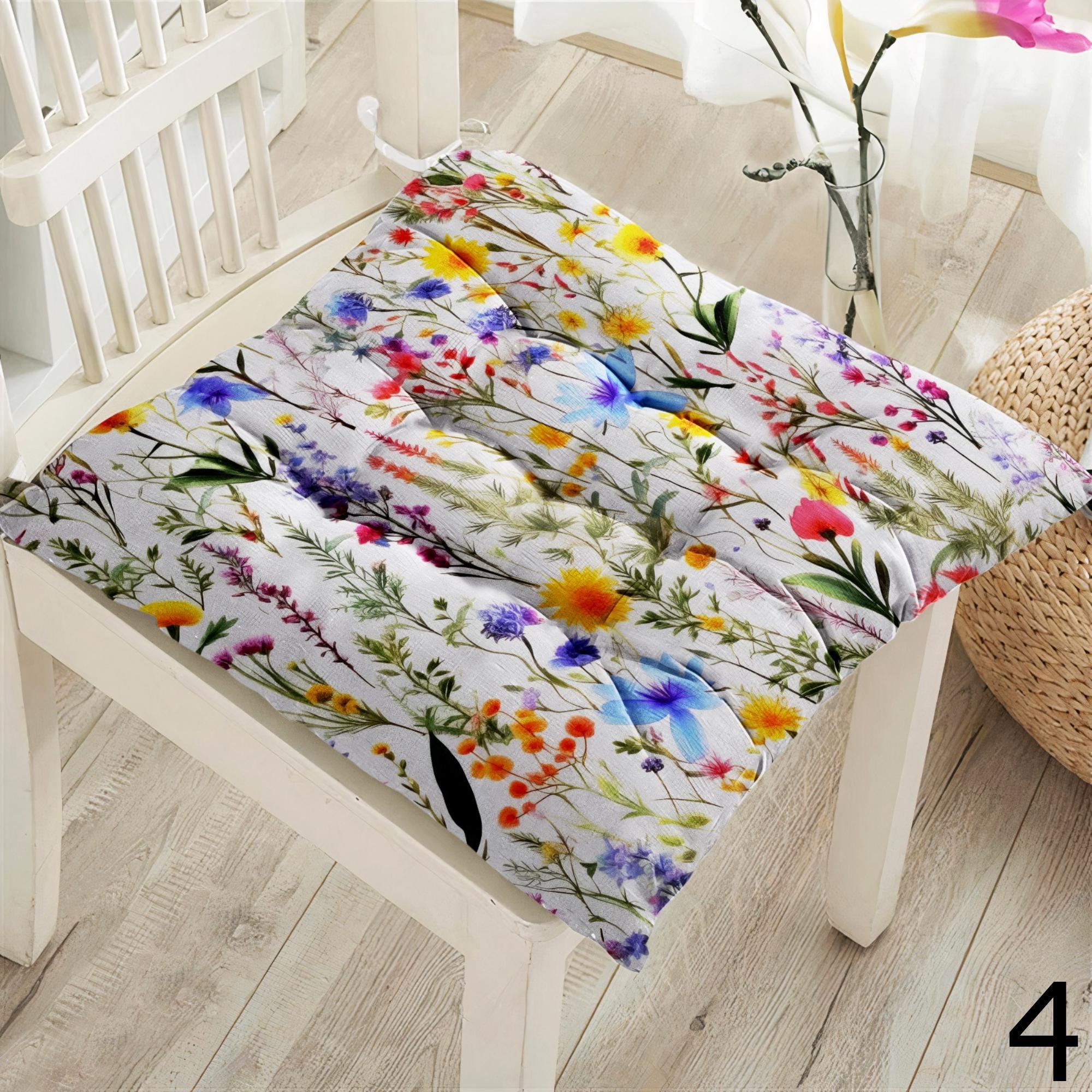 Floral Square Chair Pad, Wildfowers Chair Cushion with Ties, Floral Style Patio Chair Cushions, Colorful Floral Chair Pads