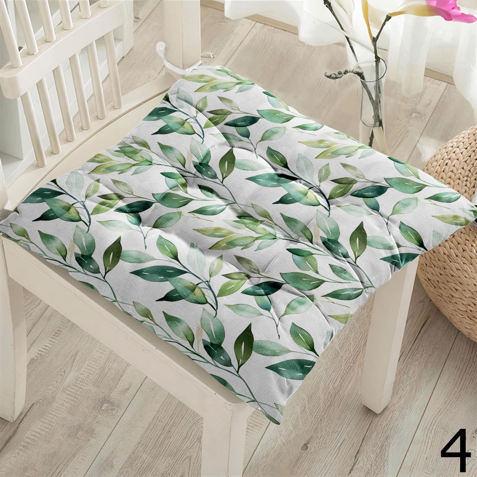 Botanical Chair Cushion, Green Leaves Chair Cushion with Ties, Garden Patio Square Chair Cushions, Square Green Leaf Chair Pads with Ties