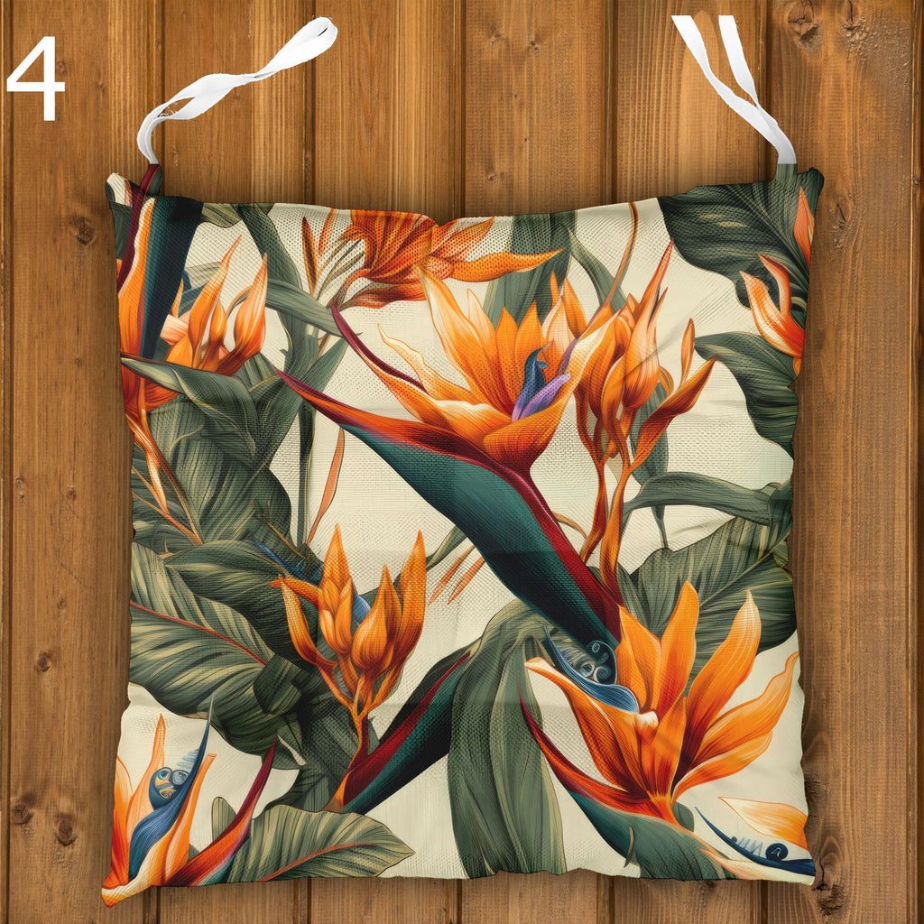 Tropical Chair Cushions, Hawaiian Chair Cushions, Botanical Linen Seat Pads, Outdoor Patio Cushions, Exotic Floral Tie-On Chair Pads