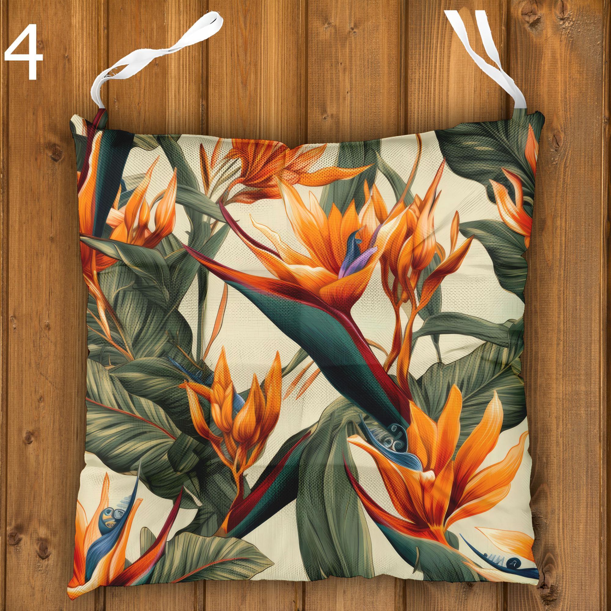 Tropical Chair Cushions, Hawaiian Chair Cushions, Botanical Linen Seat Pads, Outdoor Patio Cushions, Exotic Floral Tie-On Chair Pads