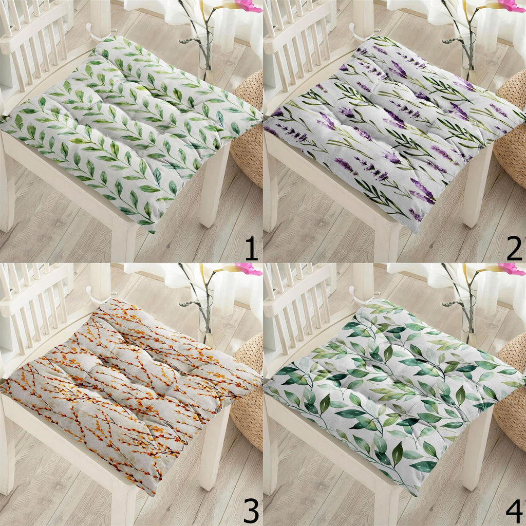Botanical Chair Cushion, Green Leaves Chair Cushion with Ties, Garden Patio Square Chair Cushions, Square Green Leaf Chair Pads with Ties