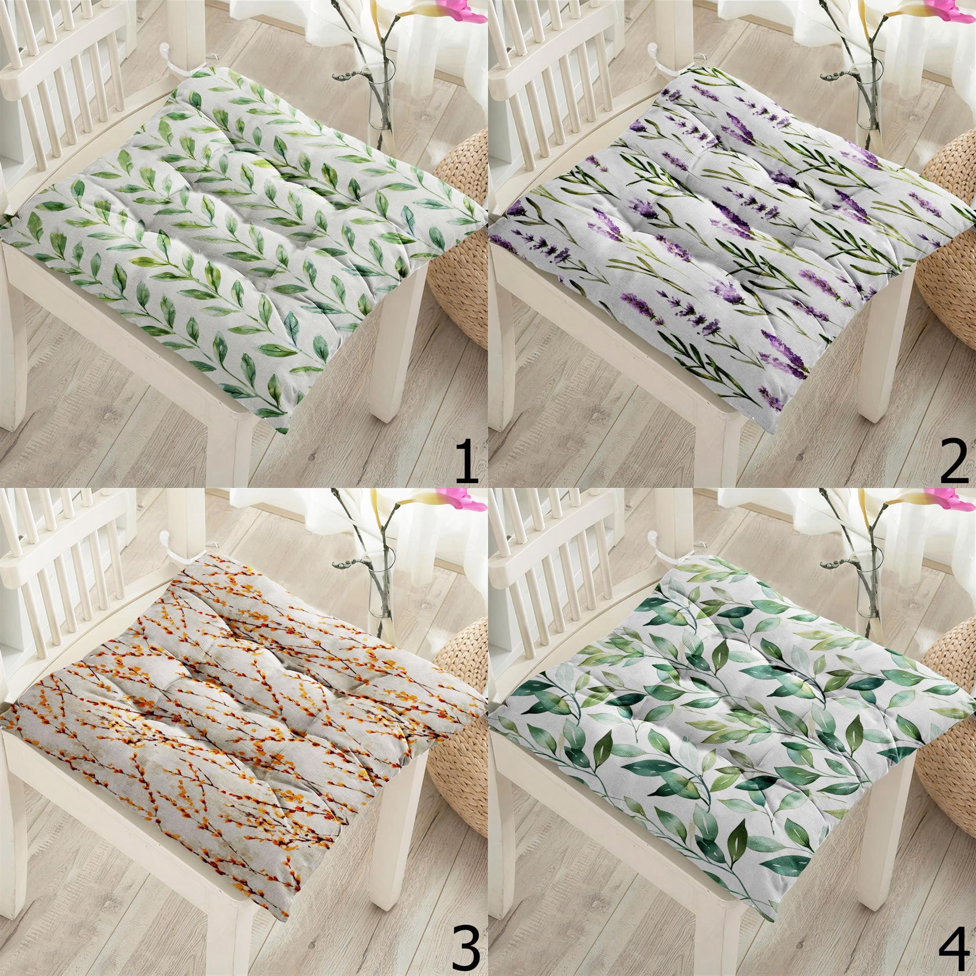 Botanical Chair Cushion, Green Leaves Chair Cushion with Ties, Garden Patio Square Chair Cushions, Square Green Leaf Chair Pads with Ties