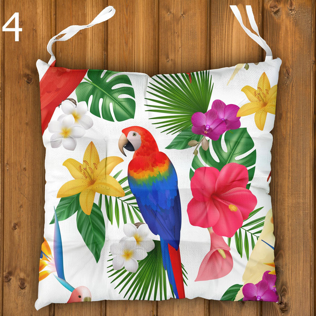 Tropical Chair Cushions, Parrot Seat Pads, Outdoor Patio Cushions, Leaf Print Chair Pads, Tropical Animals Seat Cushions