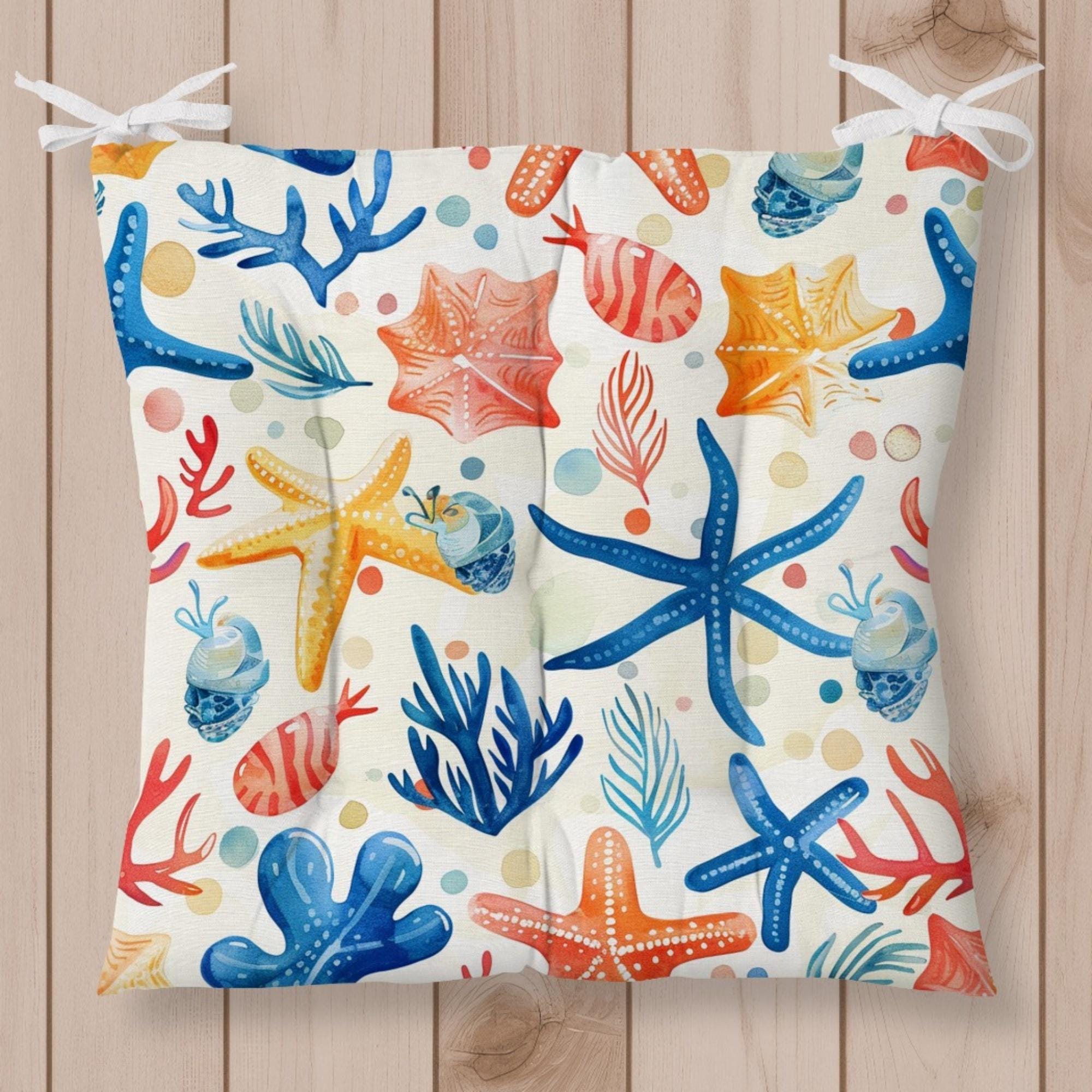 Coastal Chair Cushions with Ties, Beach Themed Starfish & Shell Seat Pads for Summer Decor
