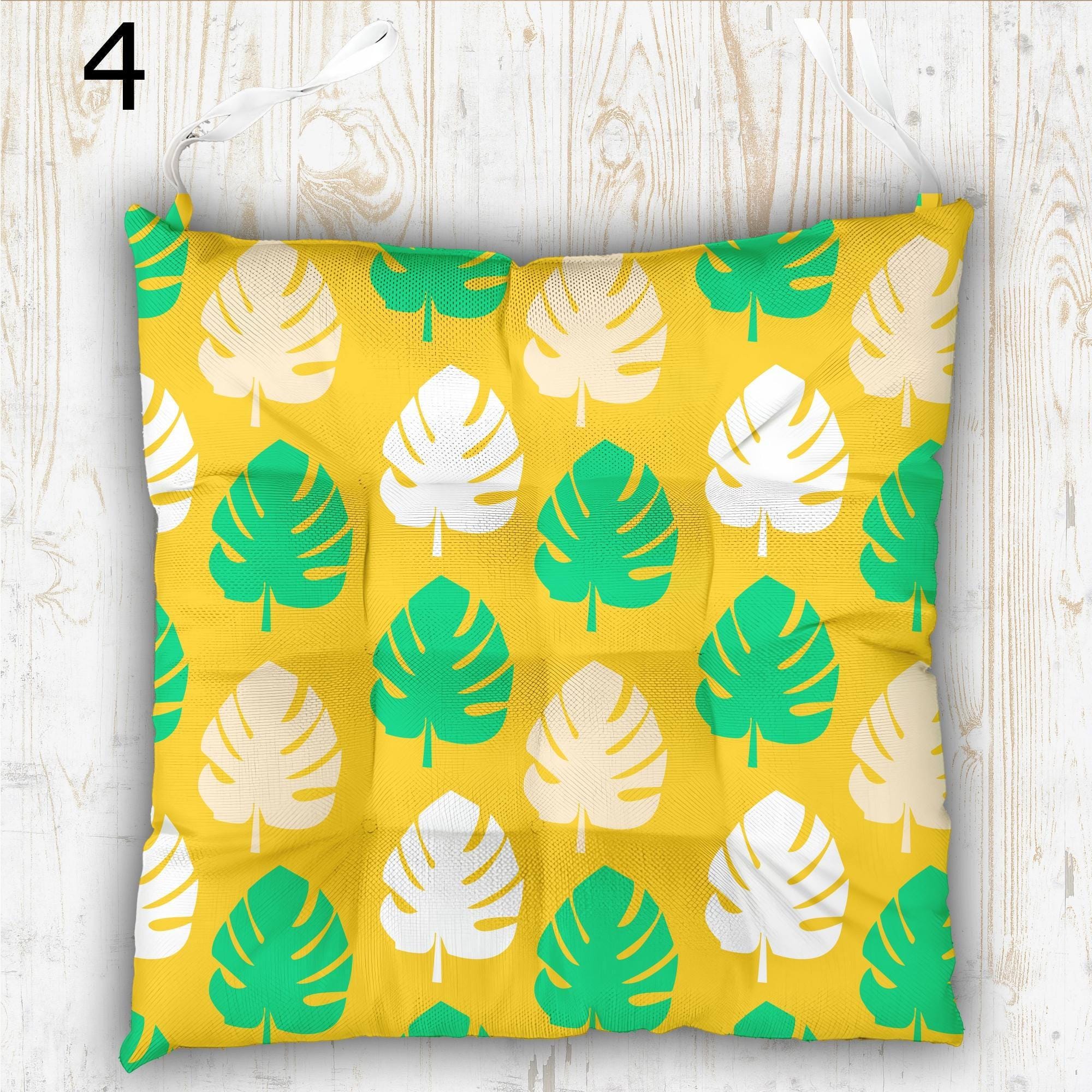 Vibrant Colors Outdoor Print Chair Cushion, Tropical Chair Pads, Green Yellow Summer Chair Pads with Ties, Summer Patio Chair Pads