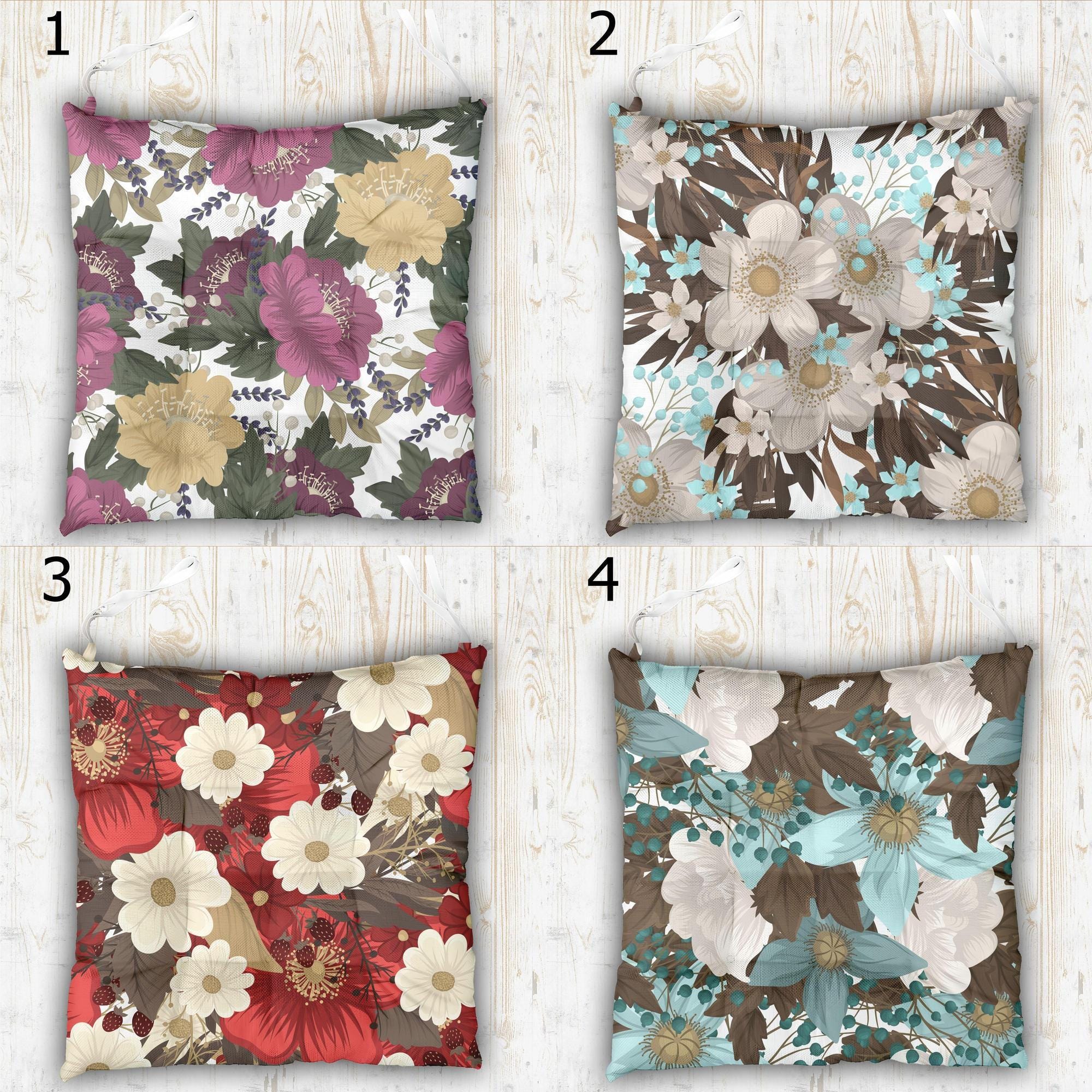 Summer Flowers Patio Chair Pad, Floral Outdoor Print Chair Cushion, Flowers Waterproof Chair Pads, Colorful Floral Chair Pads with Ties