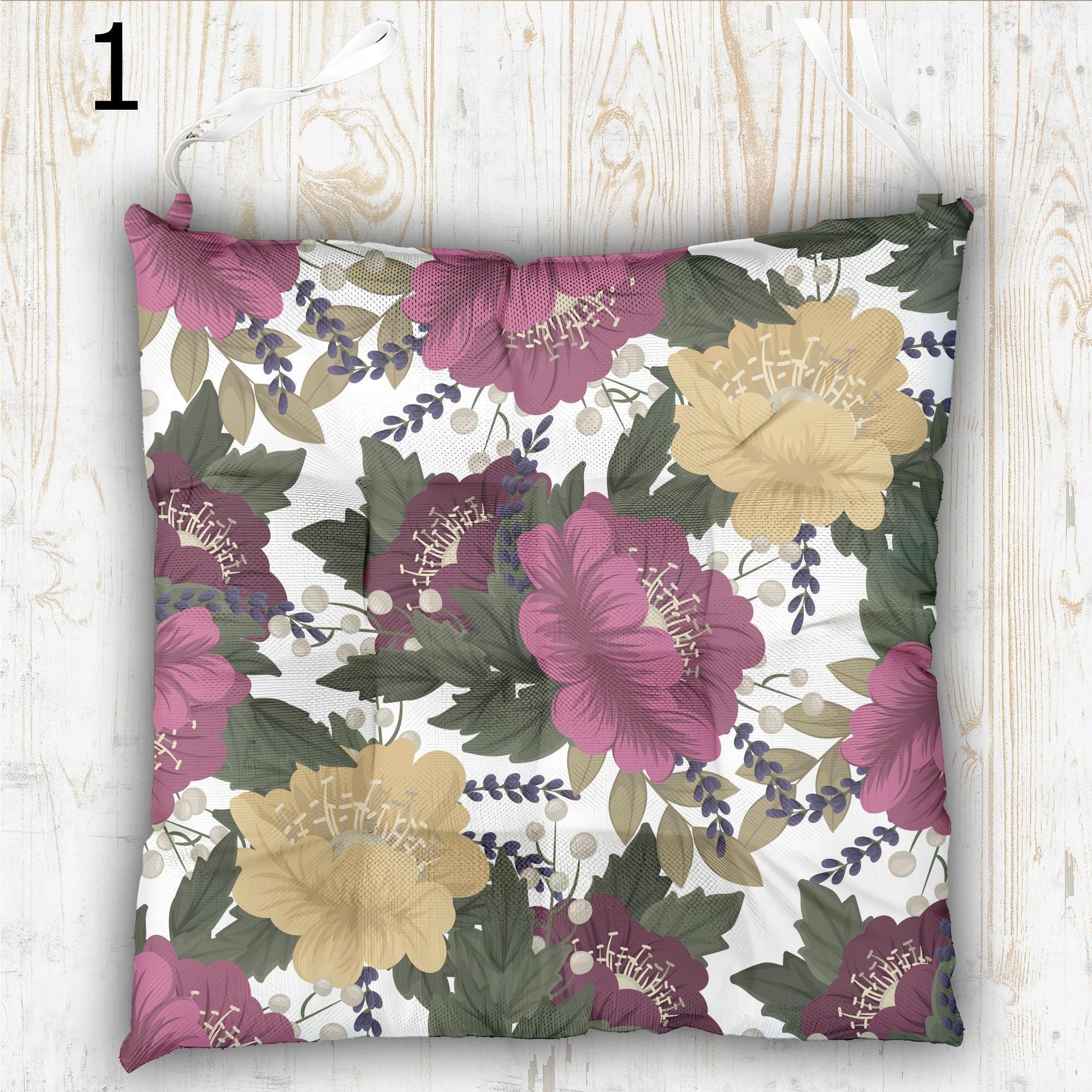 Summer Flowers Patio Chair Pad, Floral Outdoor Print Chair Cushion, Flowers Waterproof Chair Pads, Colorful Floral Chair Pads with Ties