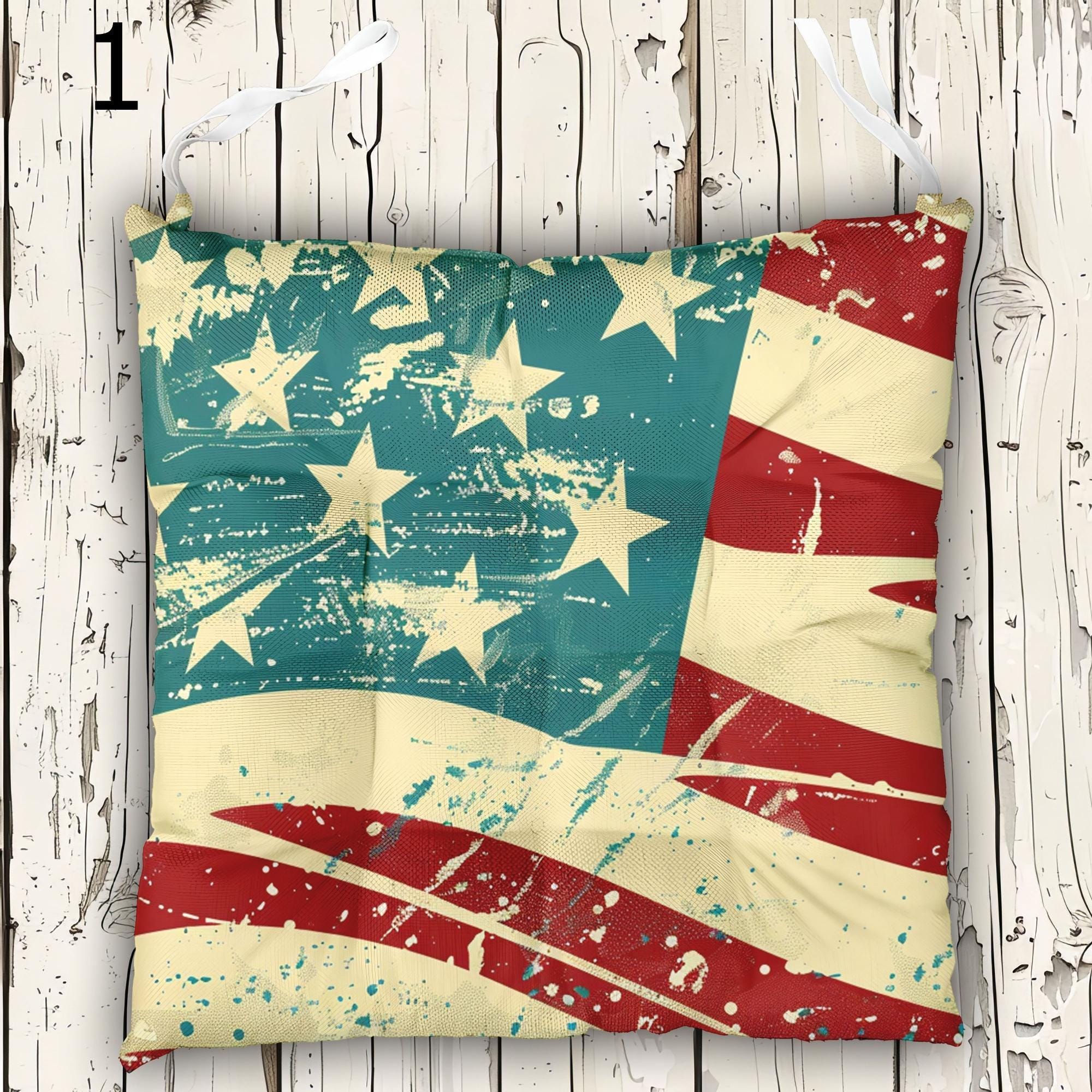 American Flag Chair Cushion With Ties, 4th July Patriotic Printed Seat Pads, Independence Day Chair Cushions, 4th July Tie-On Chair Pads
