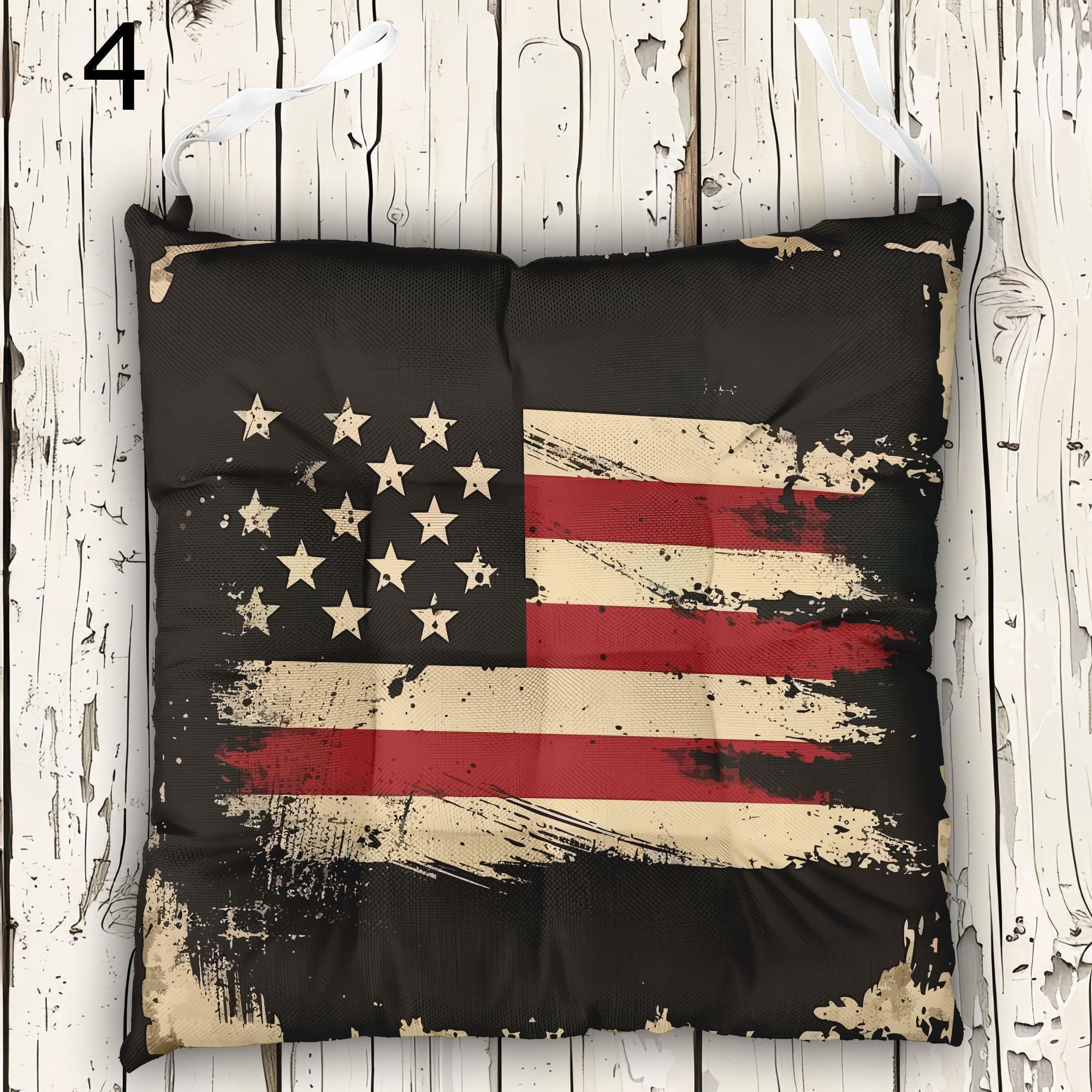 American Flag Chair Cushion With Ties, 4th July Tie-On Chair Pads, 4th July Seat Pads, Independence Day Chair Cushions, USA Flag Chair Pads