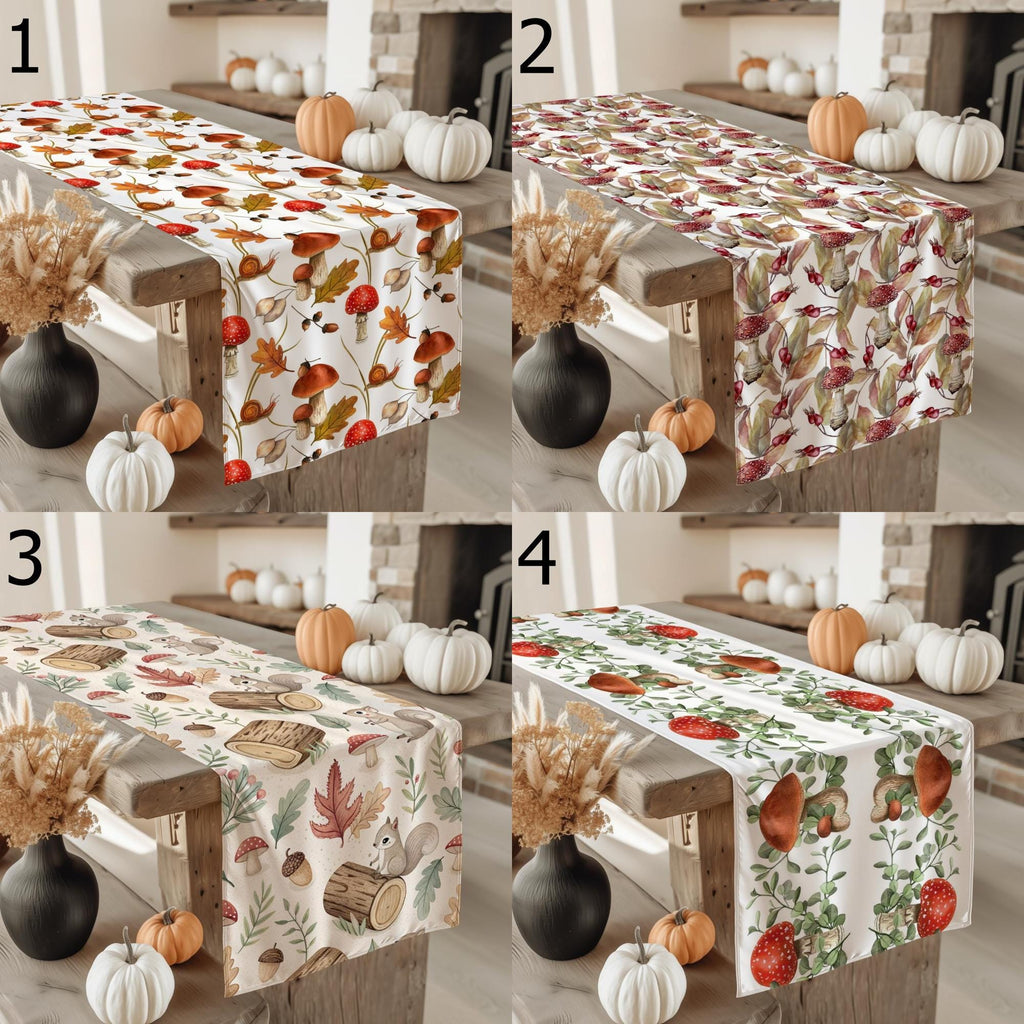 Mushroom Table Runner, Autumn Red Mushroom Table Decor, Mushroom Pattern Runners, Thanksgiving Harvest Runners