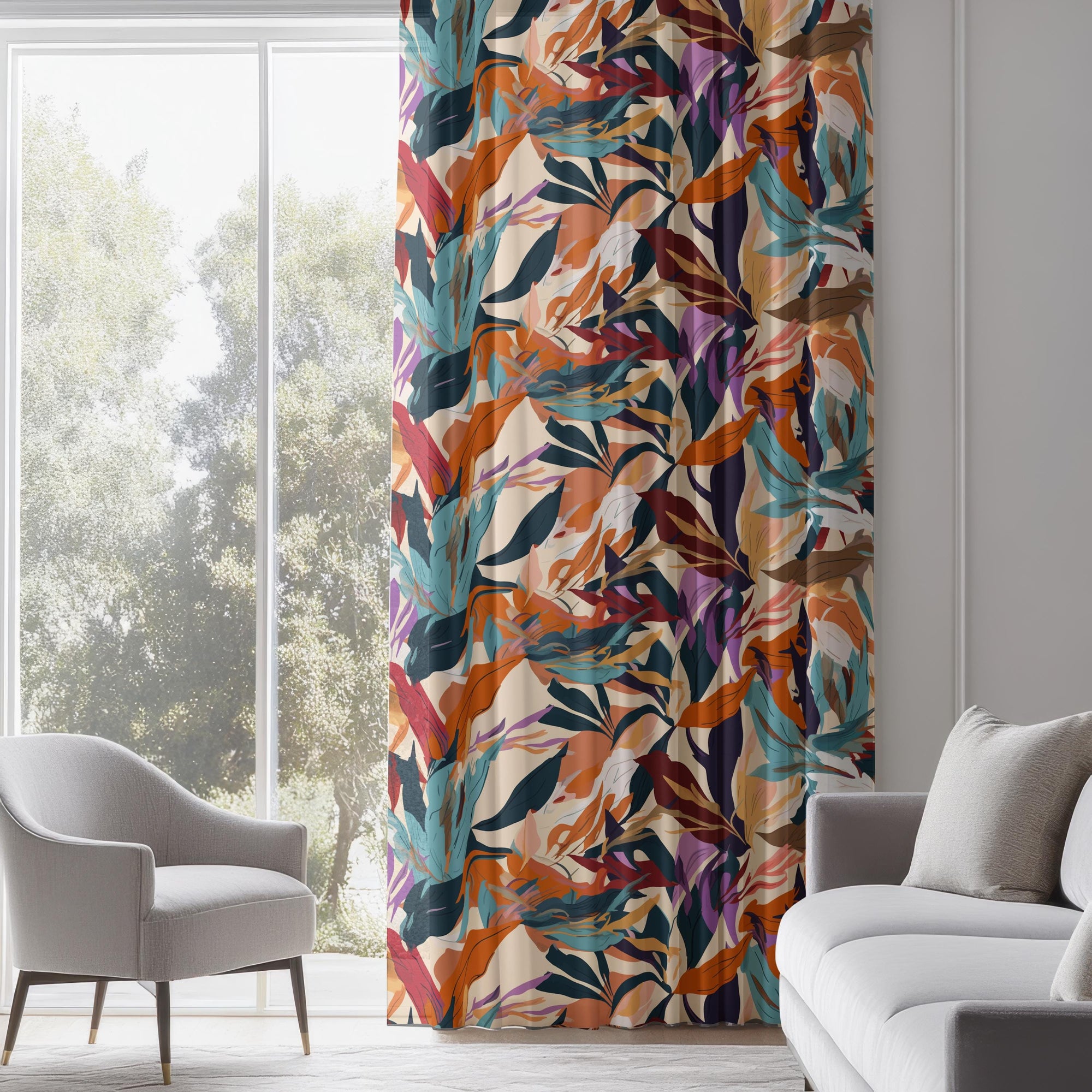 Bold Tropical Curtains, Colorful Botanical Window Drapes, Vibrant Modern Panels, Purple Floral Grommet Curtains
