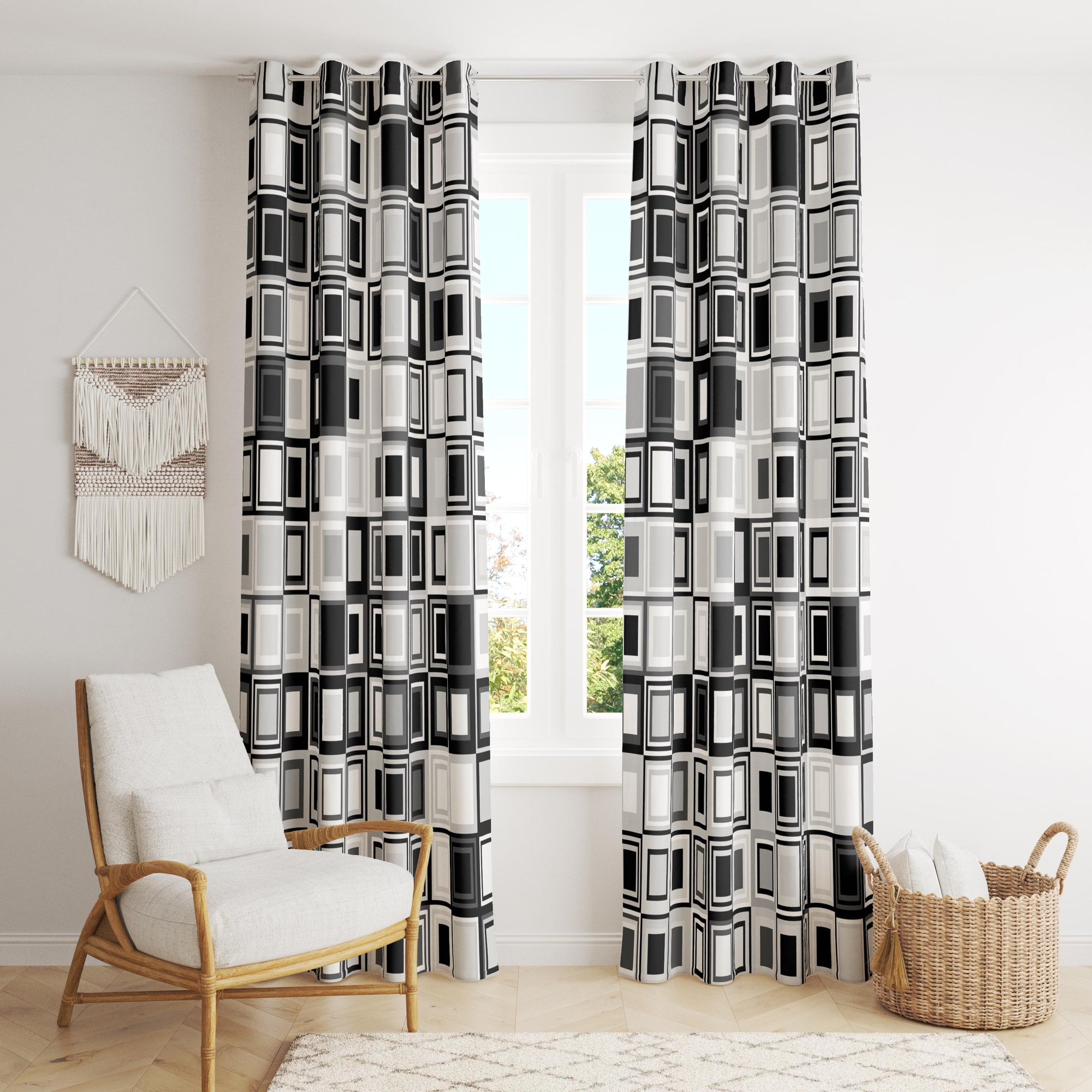 Black and White Geometric Curtain, Modern Square Pattern Window Panel, Minimalist Graphic Drapes, Monochrome Art Curtain, Modern Panels