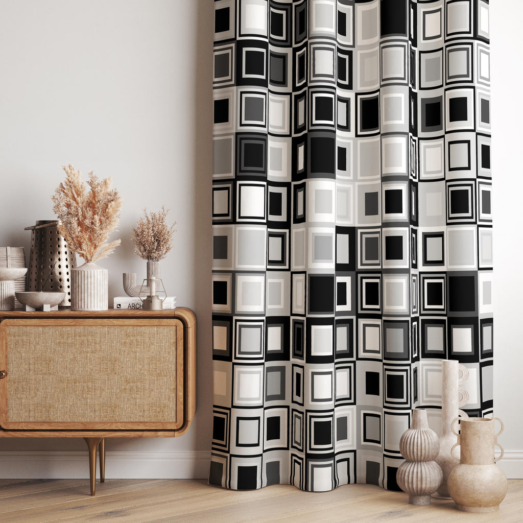 Black and White Geometric Curtain, Modern Square Pattern Window Panel, Minimalist Graphic Drapes, Monochrome Art Curtain, Modern Panels