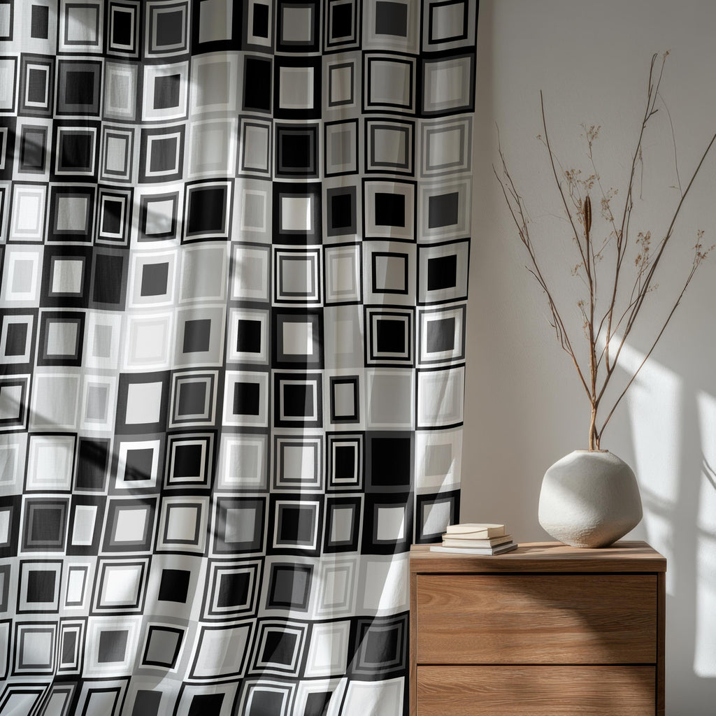 Black and White Geometric Curtain, Modern Square Pattern Window Panel, Minimalist Graphic Drapes, Monochrome Art Curtain, Modern Panels