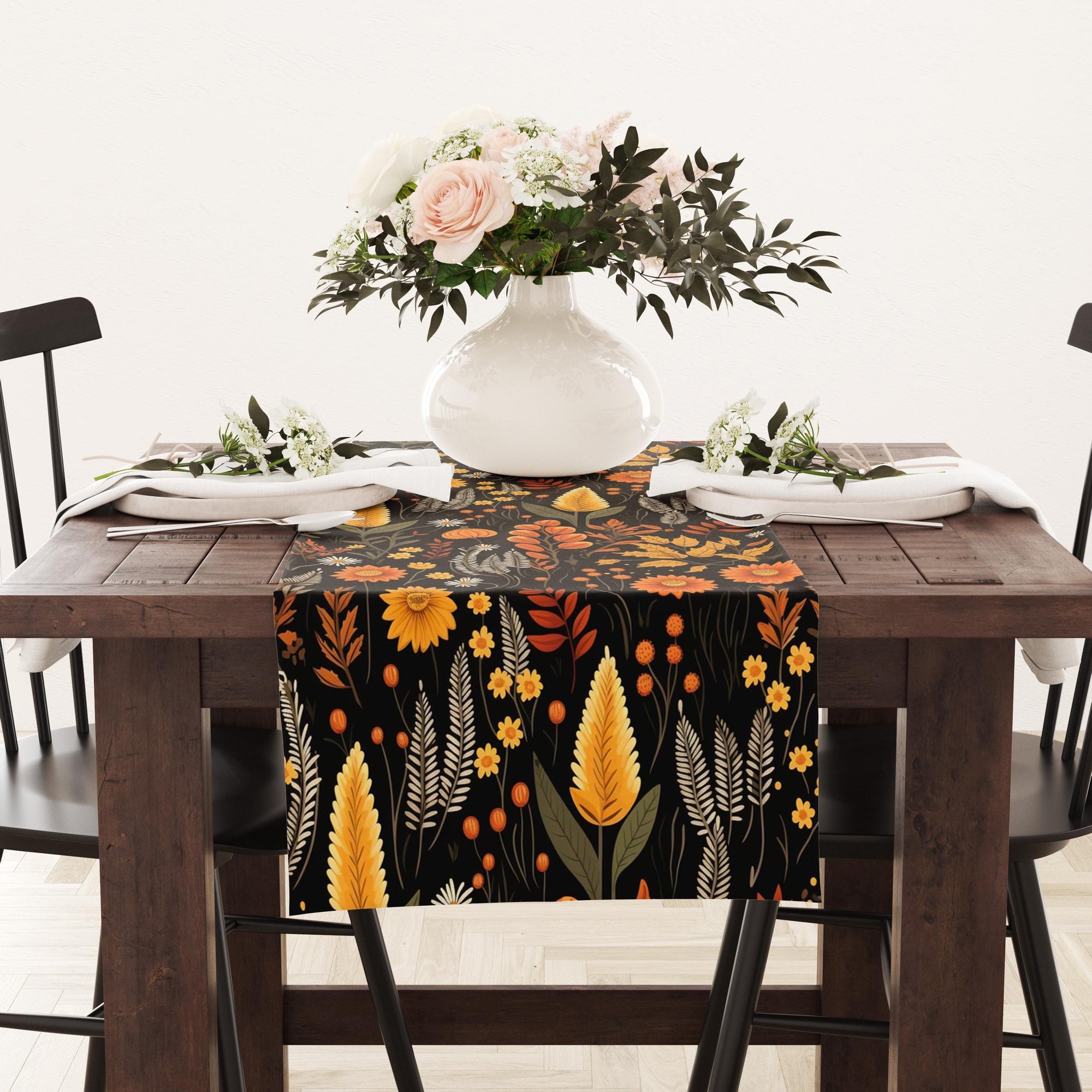 Autumn Table Runners, Fall Flowers and Leaves Table Runner,  Thanksgiving Table Runners, Seasonal Fall Table Runners, Fall Flowers Runner