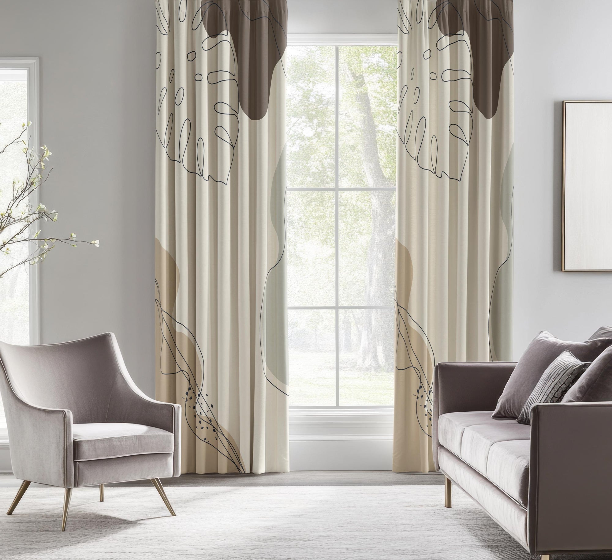 Modern Abstract Window Curtains, Modern Minimalist Panel Curtains, Modern Neutral Blackout Curtain Panel, Natural Minimalist Grommet Drapes