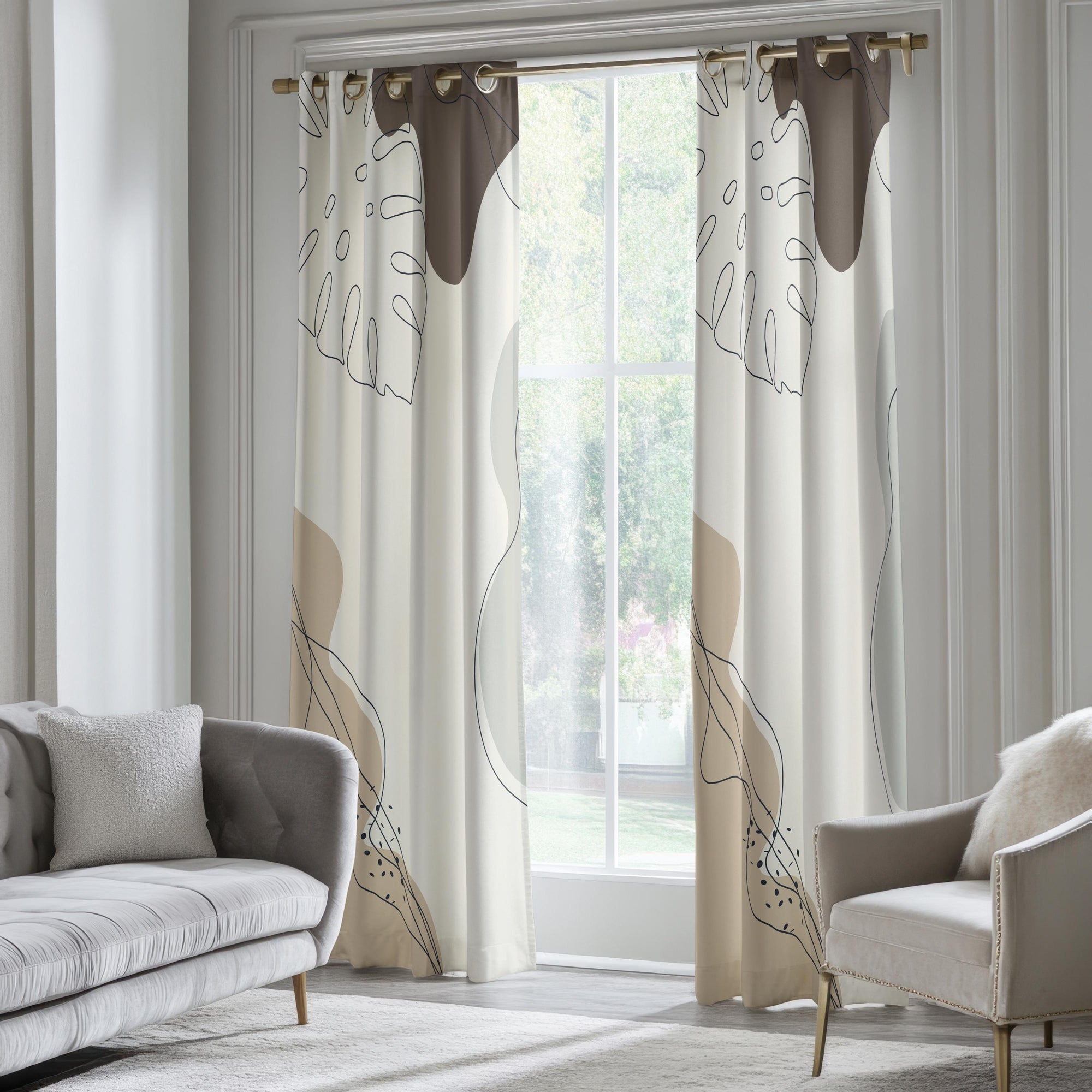 Modern Abstract Window Curtains, Modern Minimalist Panel Curtains, Modern Neutral Blackout Curtain Panel, Natural Minimalist Grommet Drapes