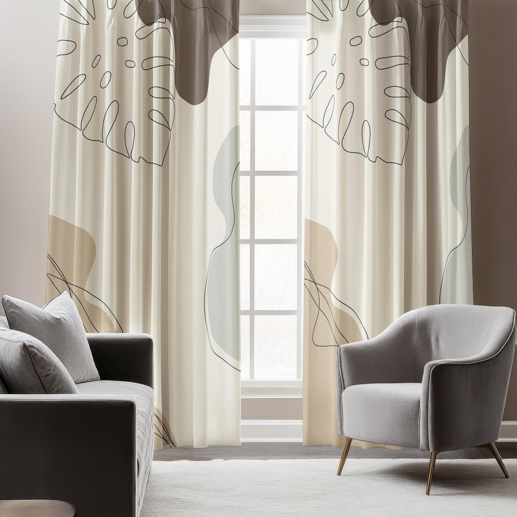 Modern Abstract Window Curtains, Modern Minimalist Panel Curtains, Modern Neutral Blackout Curtain Panel, Natural Minimalist Grommet Drapes