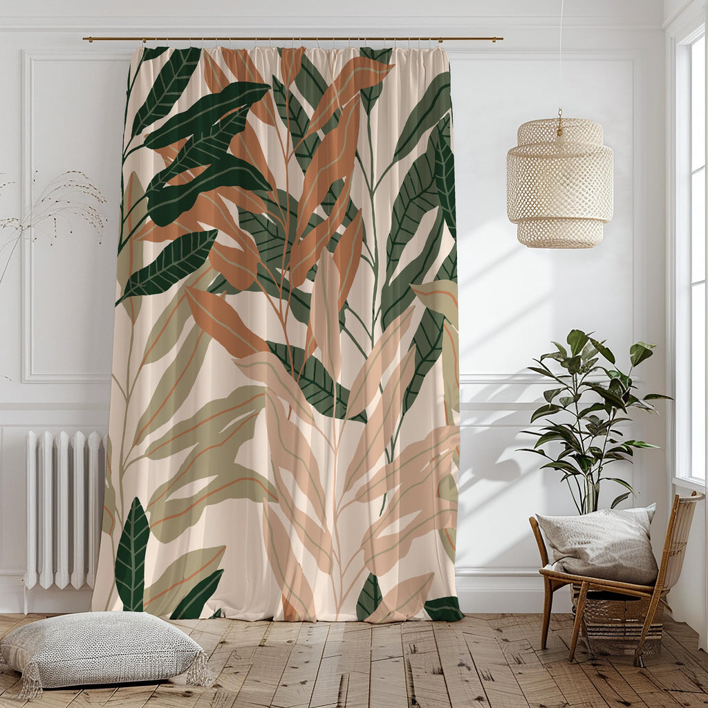 Modern Tropical Window Curtains, Minimal Line Art Panel Curtains, Neutral Leaf Blackout Curtain Panel, Natural Minimalist Drapes