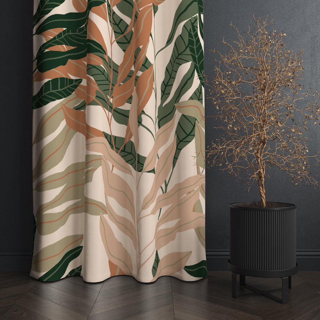 Modern Tropical Window Curtains, Minimal Line Art Panel Curtains, Neutral Leaf Blackout Curtain Panel, Natural Minimalist Drapes