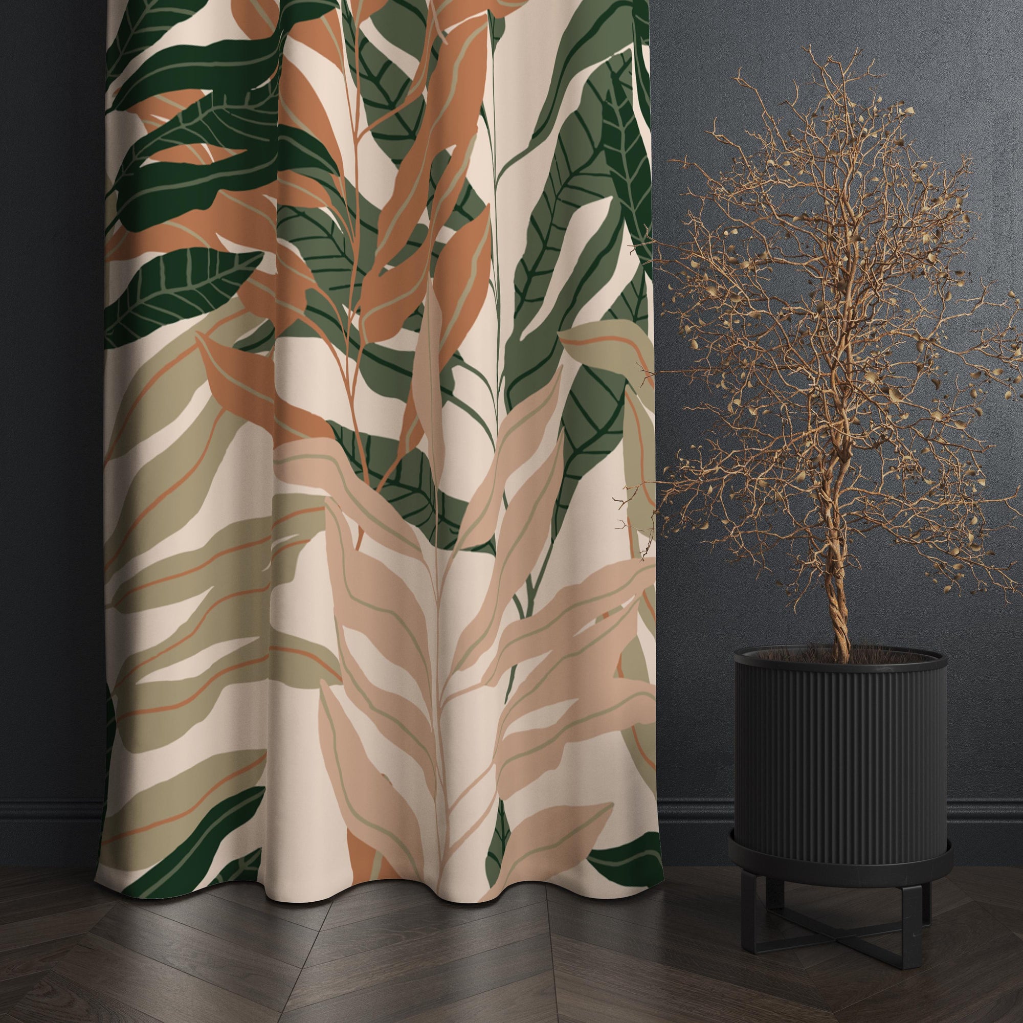 Modern Tropical Window Curtains, Minimal Line Art Panel Curtains, Neutral Leaf Blackout Curtain Panel, Natural Minimalist Drapes