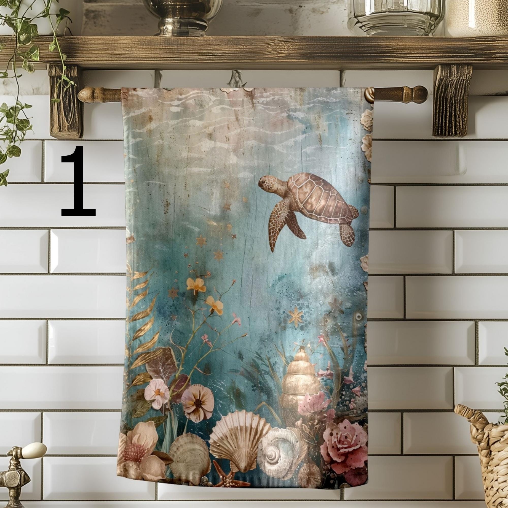 Sea Life Tea Towels, Coastal Turtle Dolphin Kitchen Decor, Vintage Coastal Kitchen Towels, Nautical Ocean Sea Hand Towels