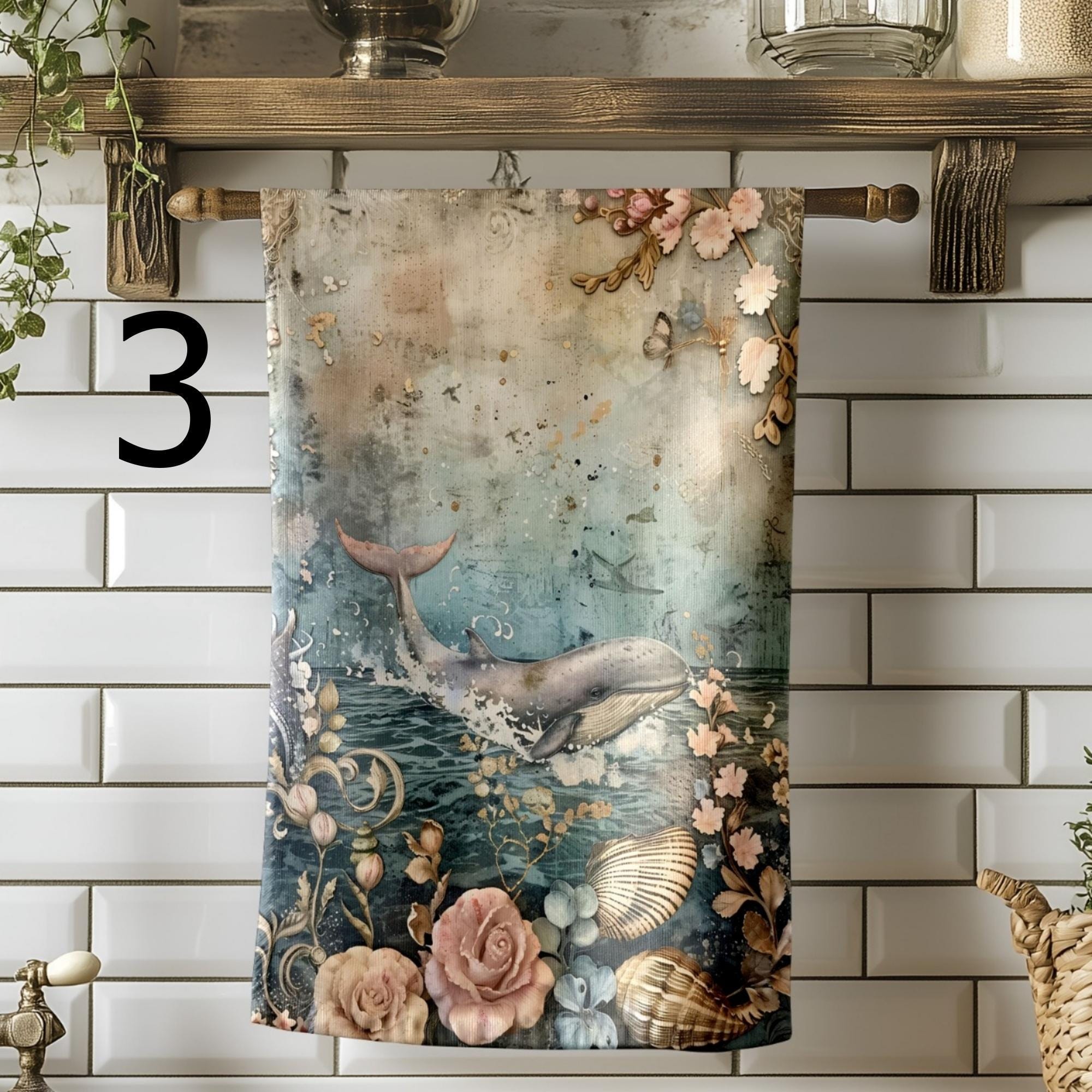 Mermaid Tea Towels, Whimsical Coastal Kitchen Decor, Ocean Fairy Tale Kitchen Towels, Vintage Sea Creatures Hand Towel, Mermaid Dish Towel