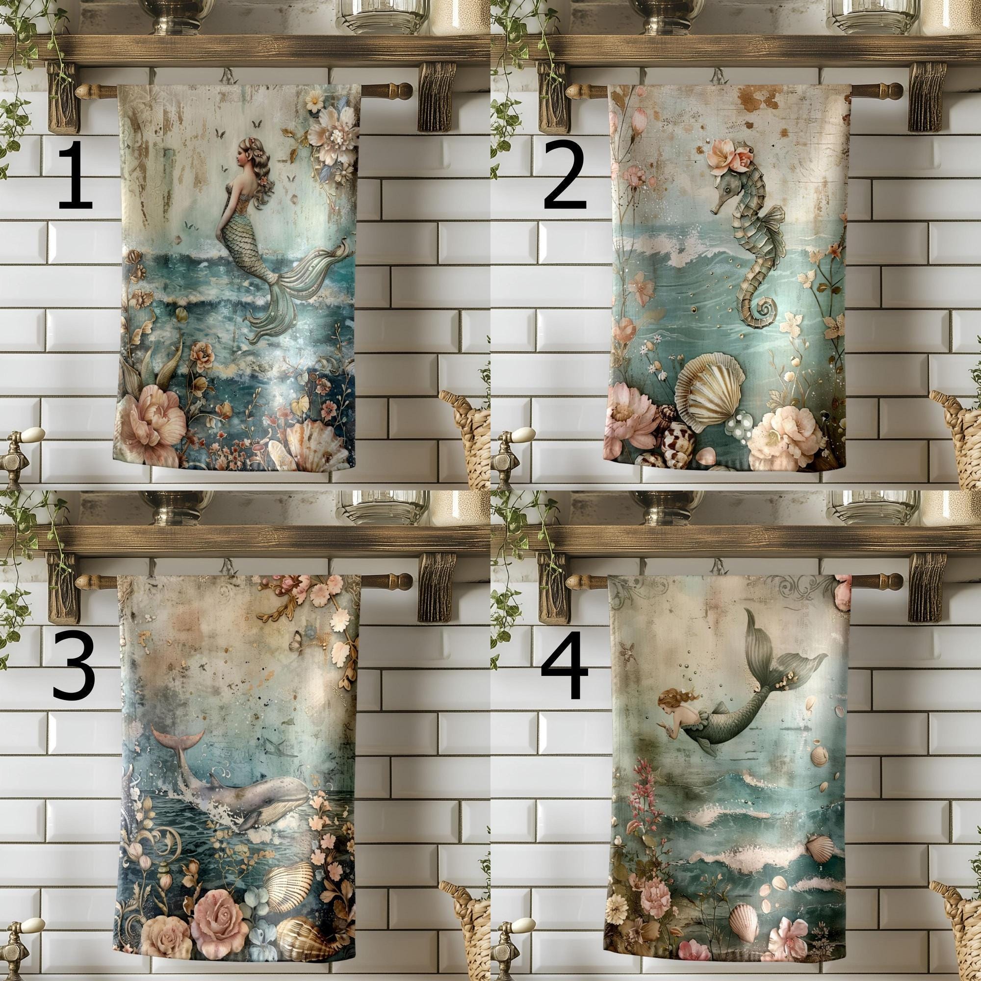 Mermaid Tea Towels, Whimsical Coastal Kitchen Decor, Ocean Fairy Tale Kitchen Towels, Vintage Sea Creatures Hand Towel, Mermaid Dish Towel