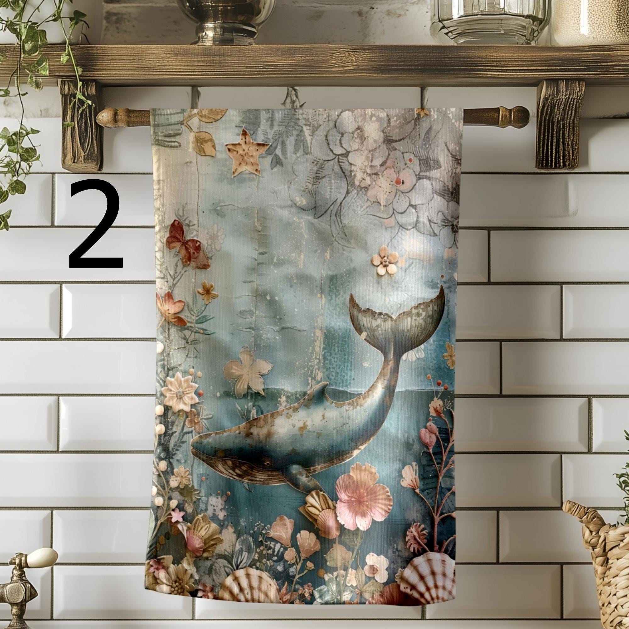 Dolphin Whale Tea Towels, Coastal Animals Kitchen Decor, Vintage Ocean Hand Towels, Beach House Kitchen Towels, Floral Sea Life Towels