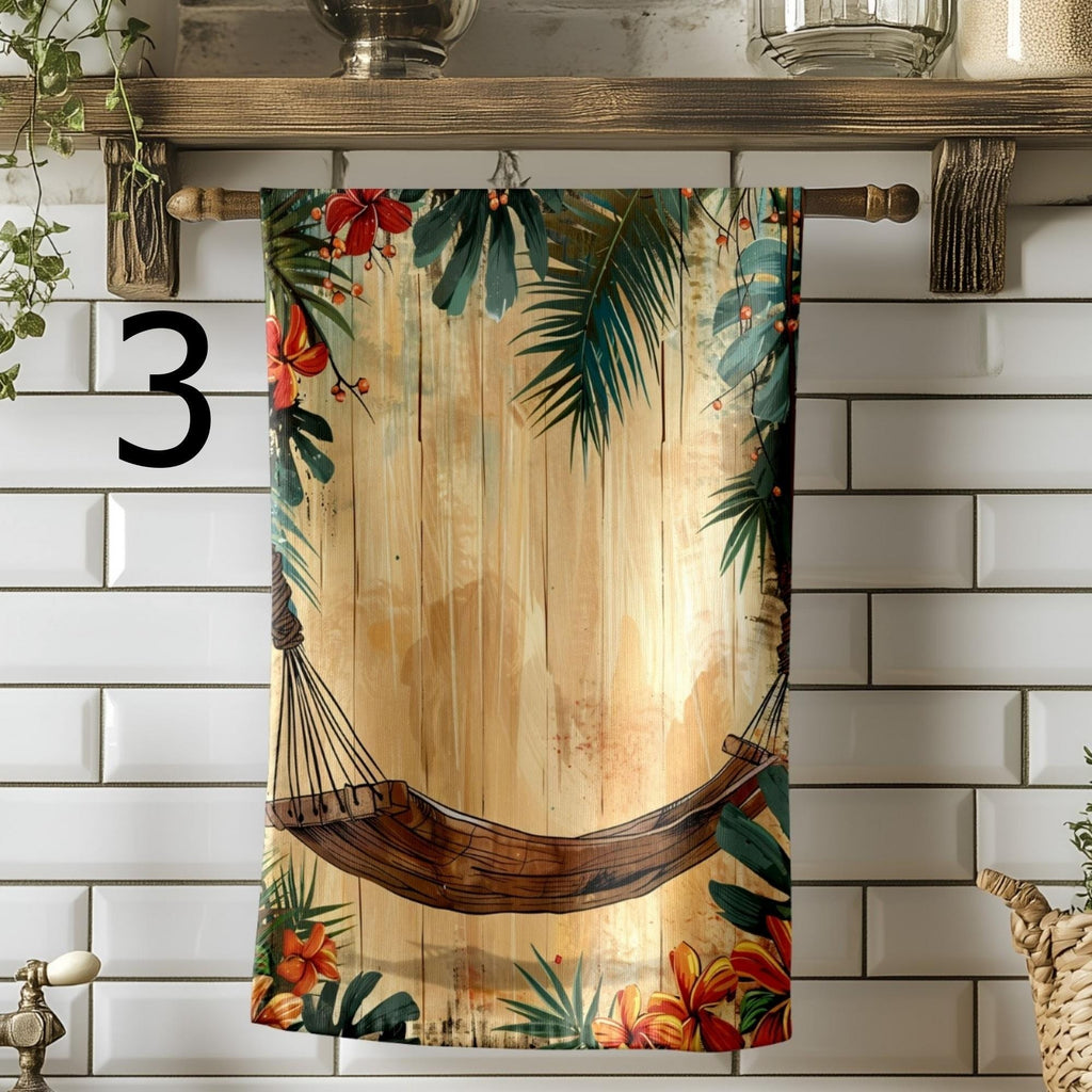 Retro Beach Tea Towels, Coastal Summer Kitchen Decor, Seaside Dish Towels, Tropical Retro Kitchen Towels, Summer Kitchen Gift