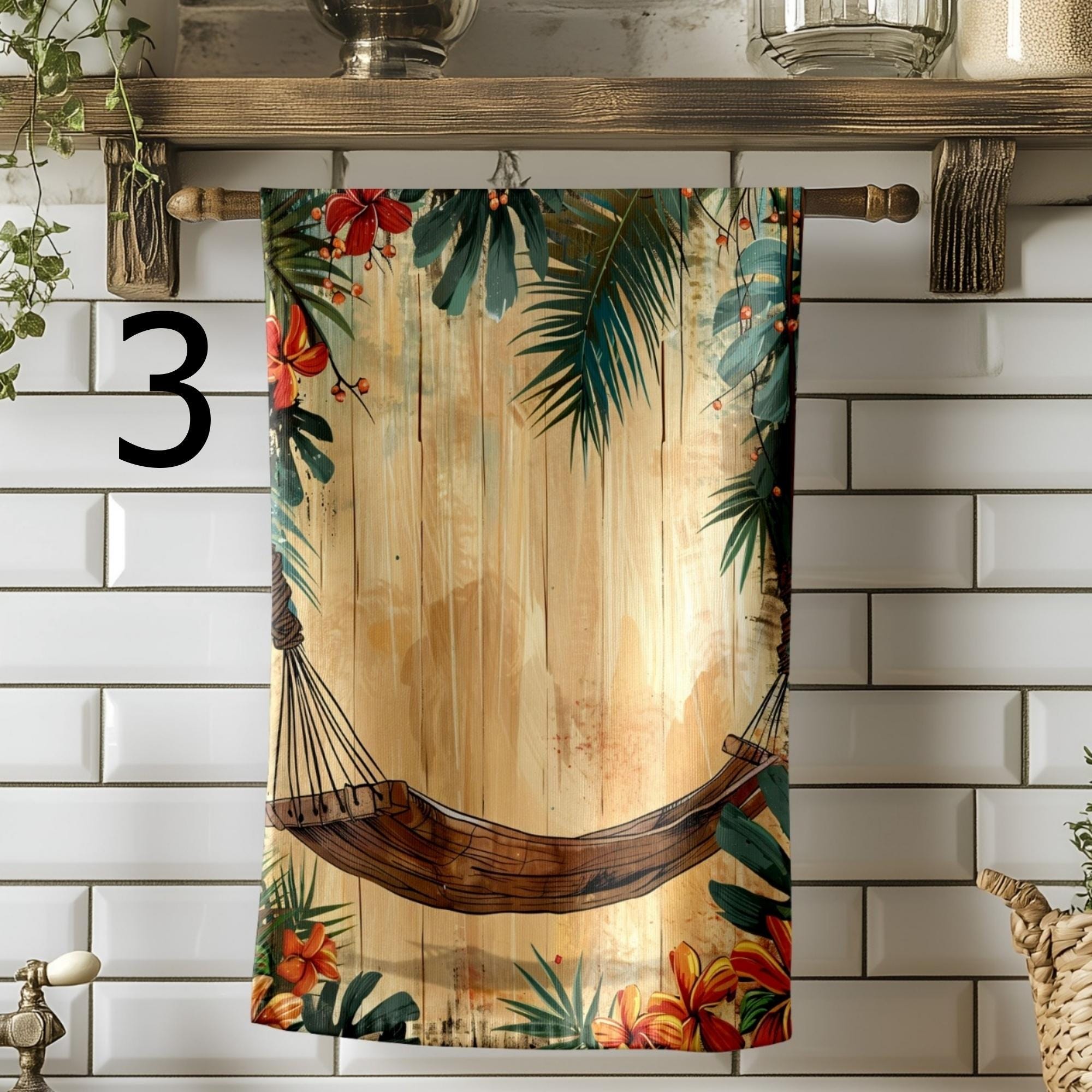 Retro Beach Tea Towels, Coastal Summer Kitchen Decor, Seaside Dish Towels, Tropical Retro Kitchen Towels, Summer Kitchen Gift