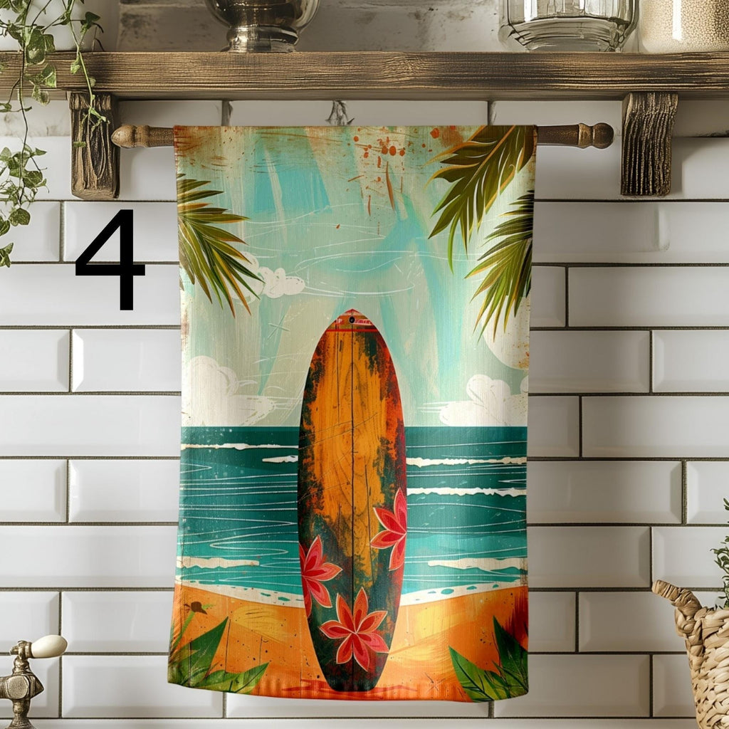 Retro Beach Tea Towels, Coastal Summer Kitchen Decor, Seaside Dish Towels, Tropical Retro Kitchen Towels, Summer Kitchen Gift