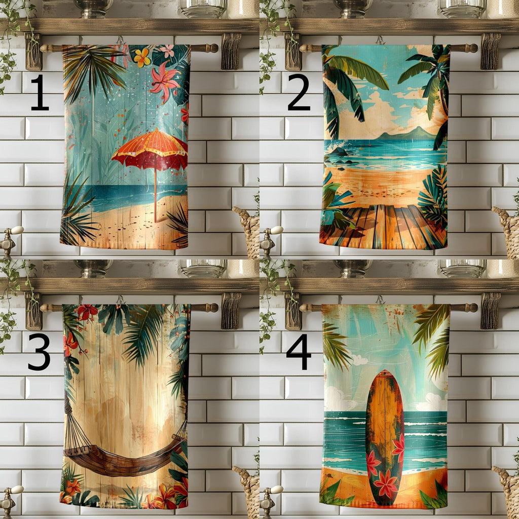 Retro Beach Tea Towels, Coastal Summer Kitchen Decor, Seaside Dish Towels, Tropical Retro Kitchen Towels, Summer Kitchen Gift